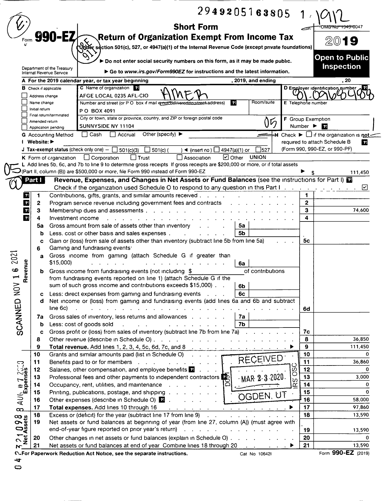 Image of first page of 2019 Form 990EO for American Federation of Government Employees - 0235 Afge Local