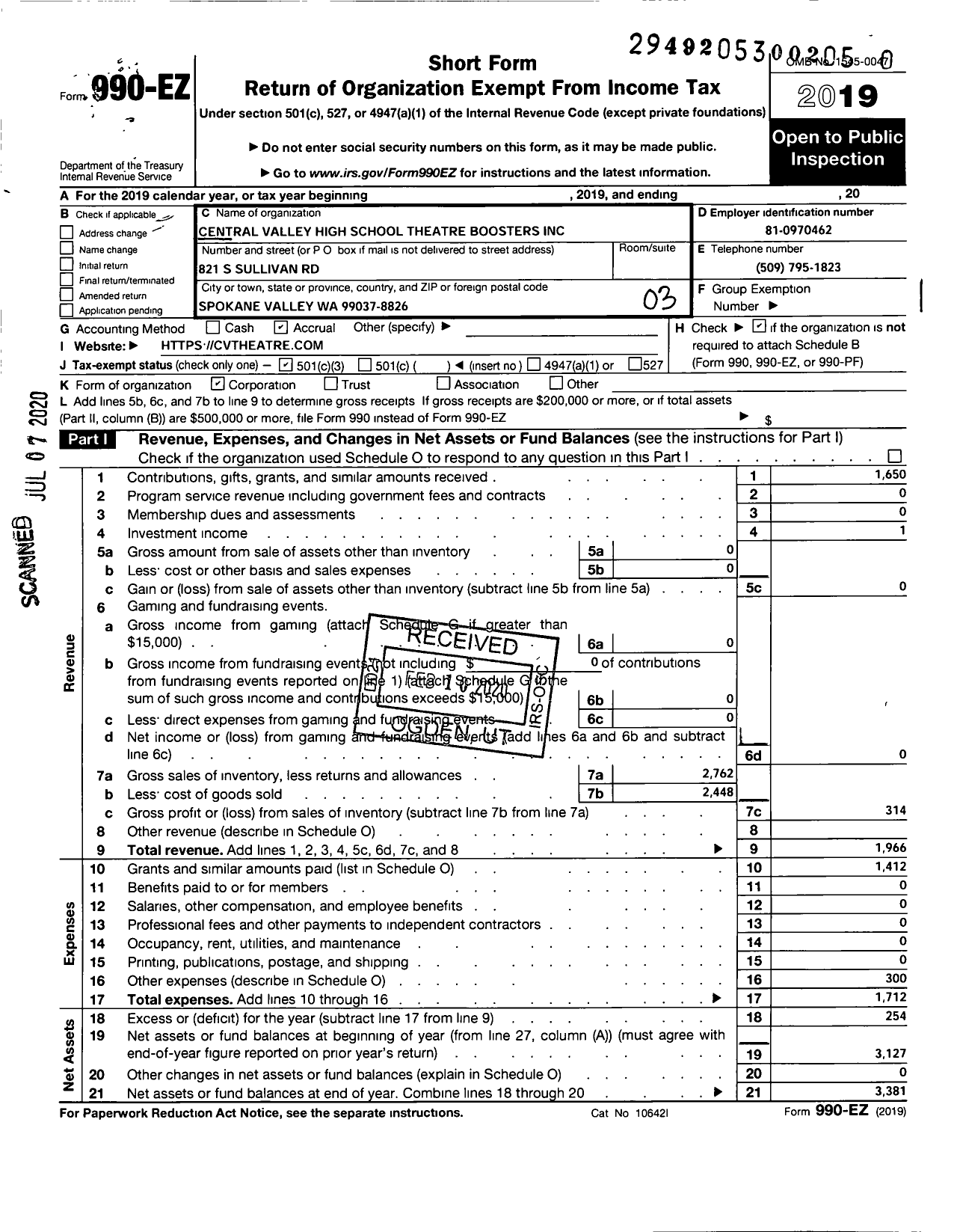 Image of first page of 2019 Form 990EZ for Central Valley High School Theatre Boosters