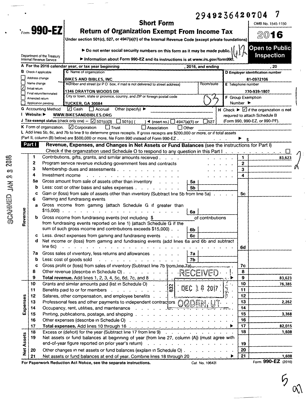 Image of first page of 2016 Form 990EZ for Bikes and Bibles