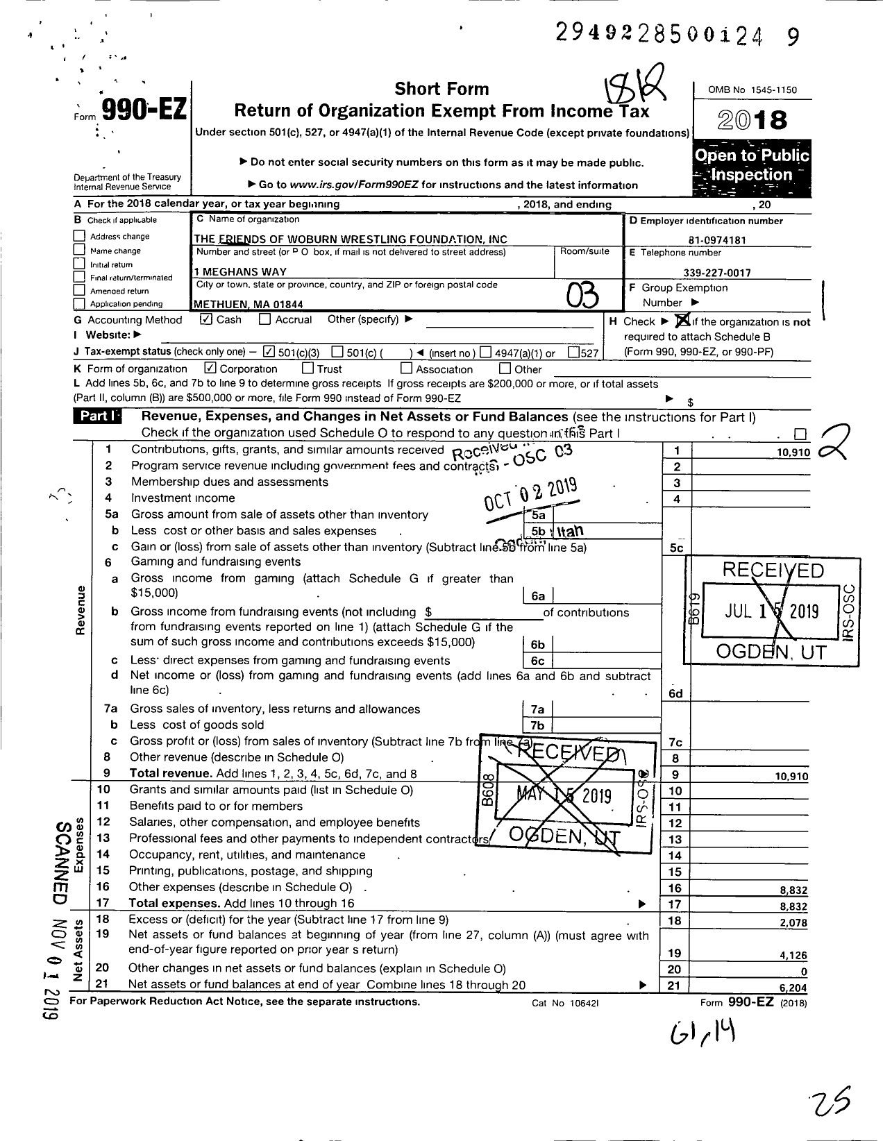 Image of first page of 2018 Form 990EZ for Friends of Woburn Wrestling Foundation