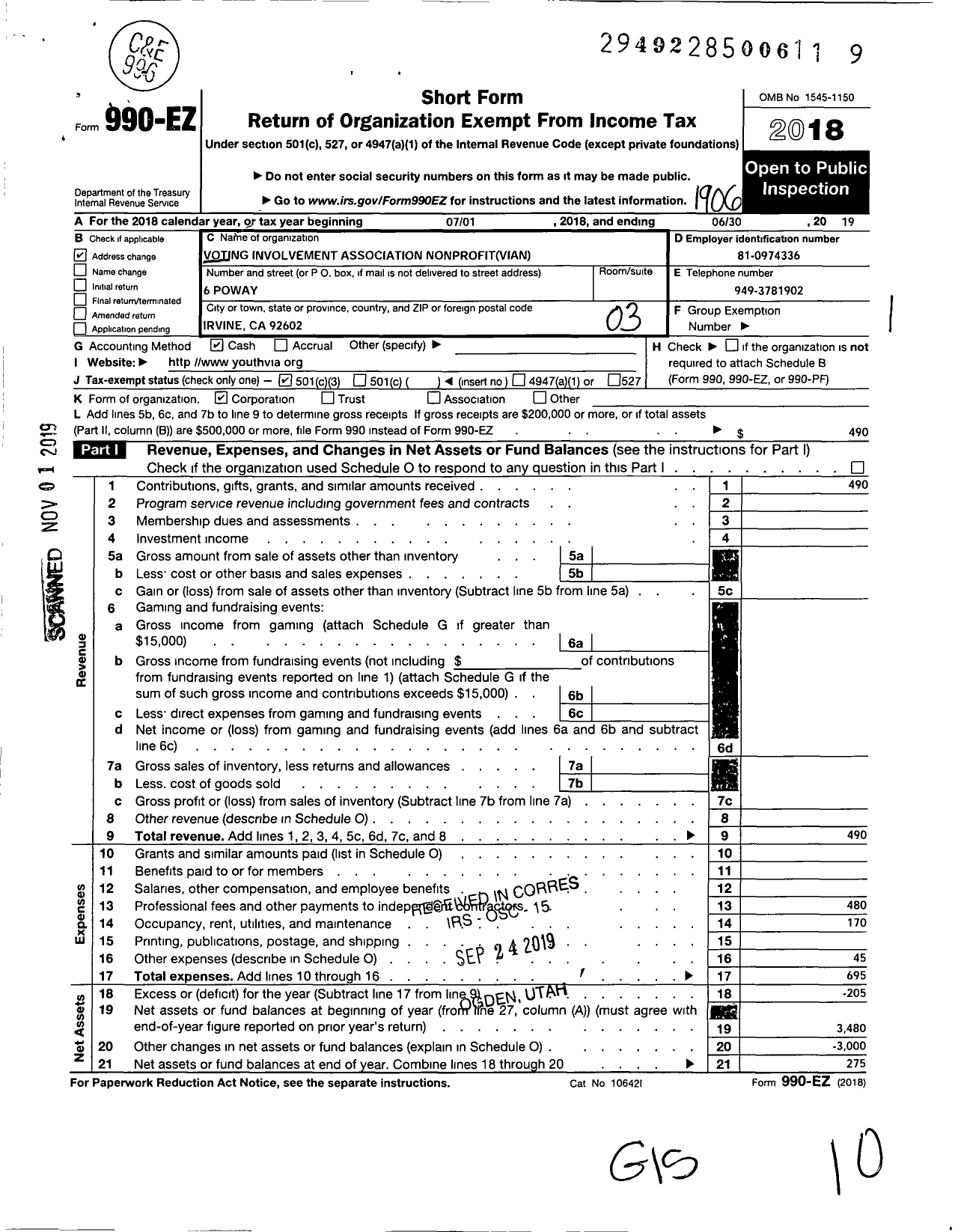 Image of first page of 2018 Form 990EZ for Voting Involvement Association Nonprofit (VIAN)