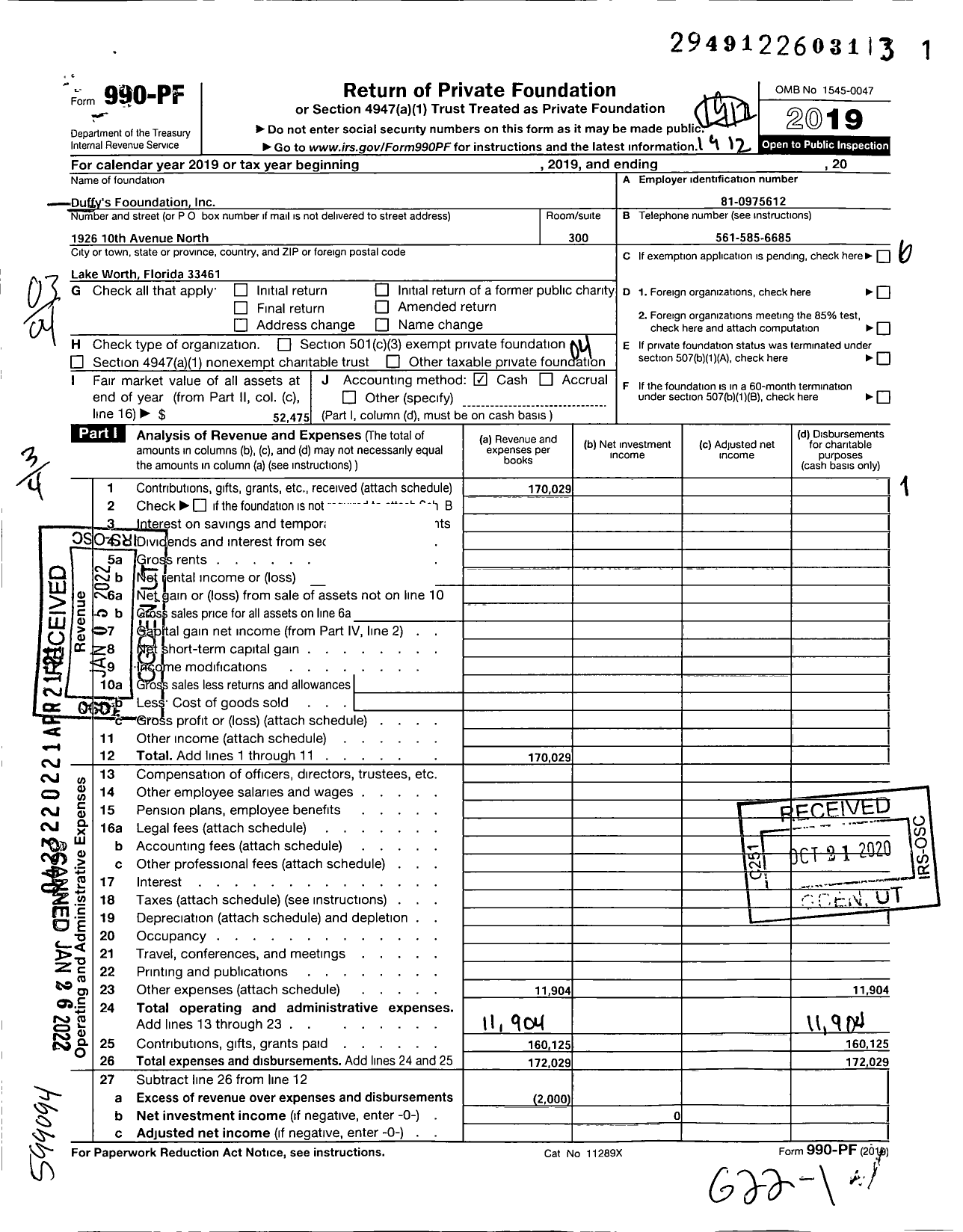 Image of first page of 2019 Form 990PF for Duffy's Foundation