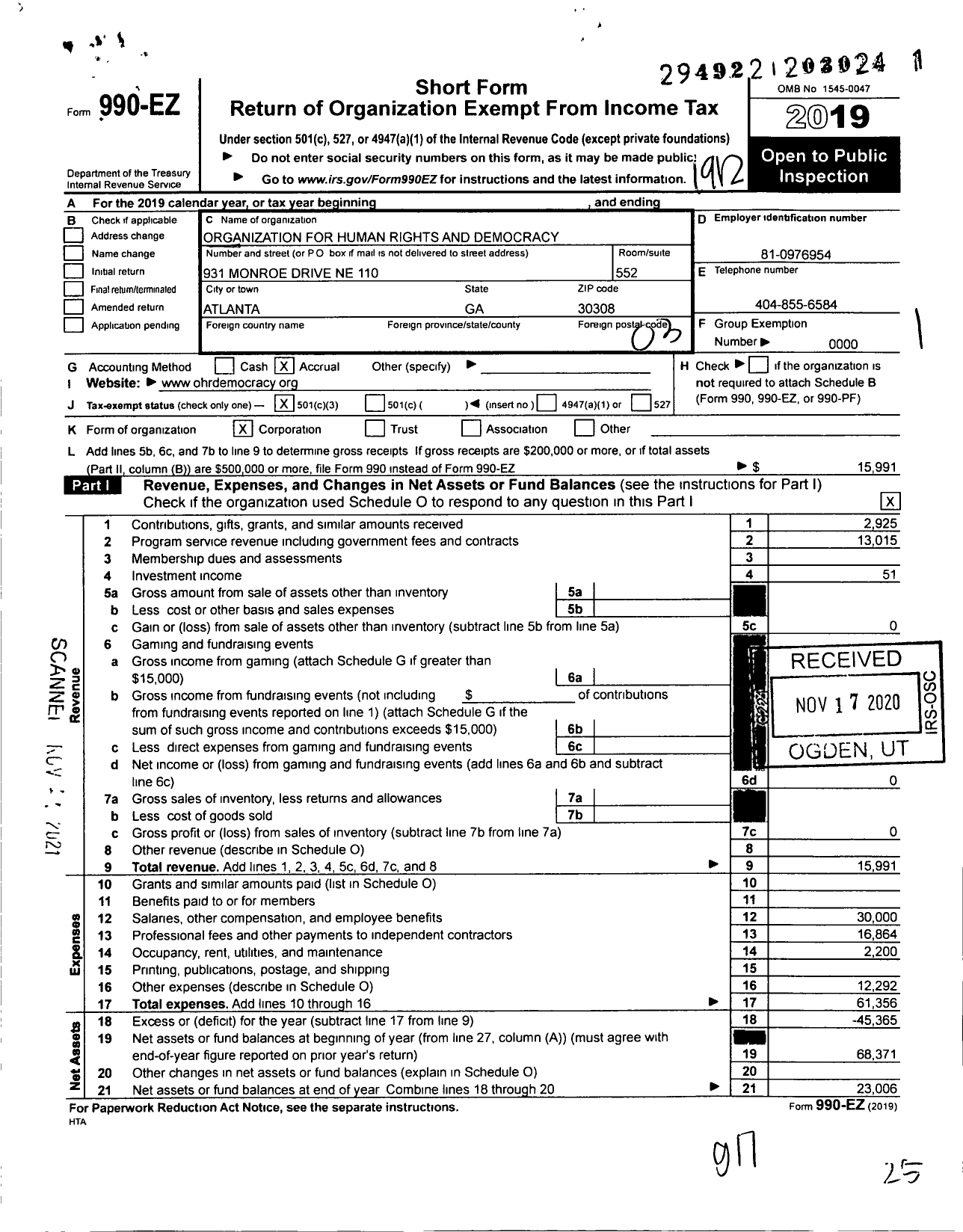 Image of first page of 2019 Form 990EZ for Organization for Human Rights and Democracy