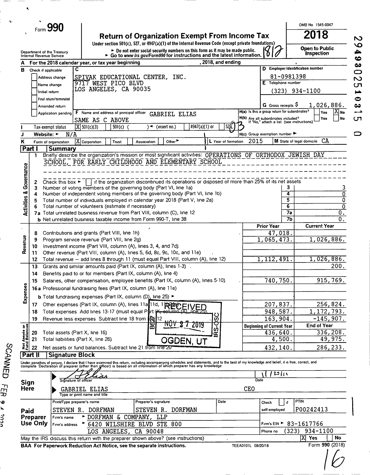 Image of first page of 2018 Form 990 for Spivak Educational Center