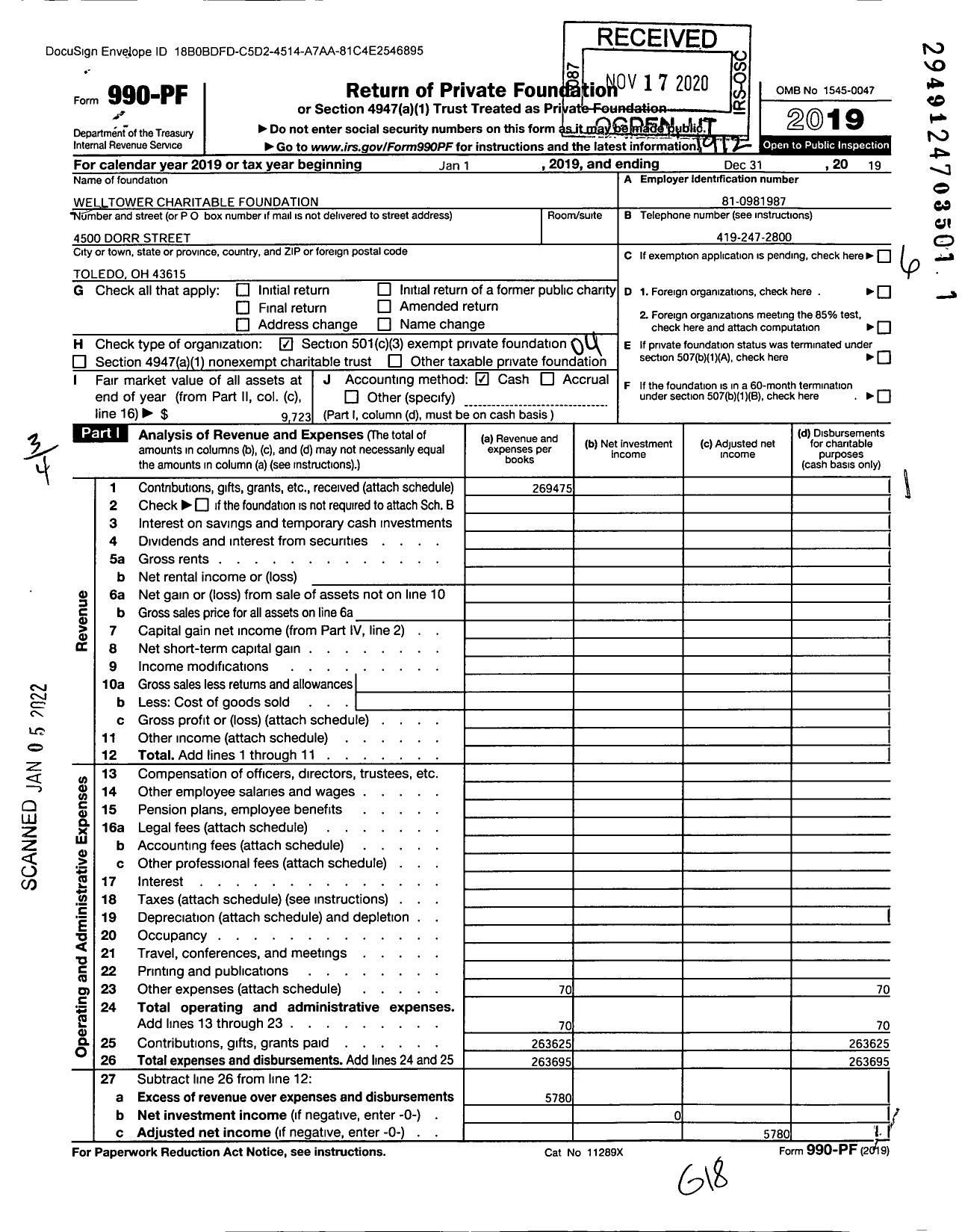 Image of first page of 2019 Form 990PF for Welltower Charitable Foundation