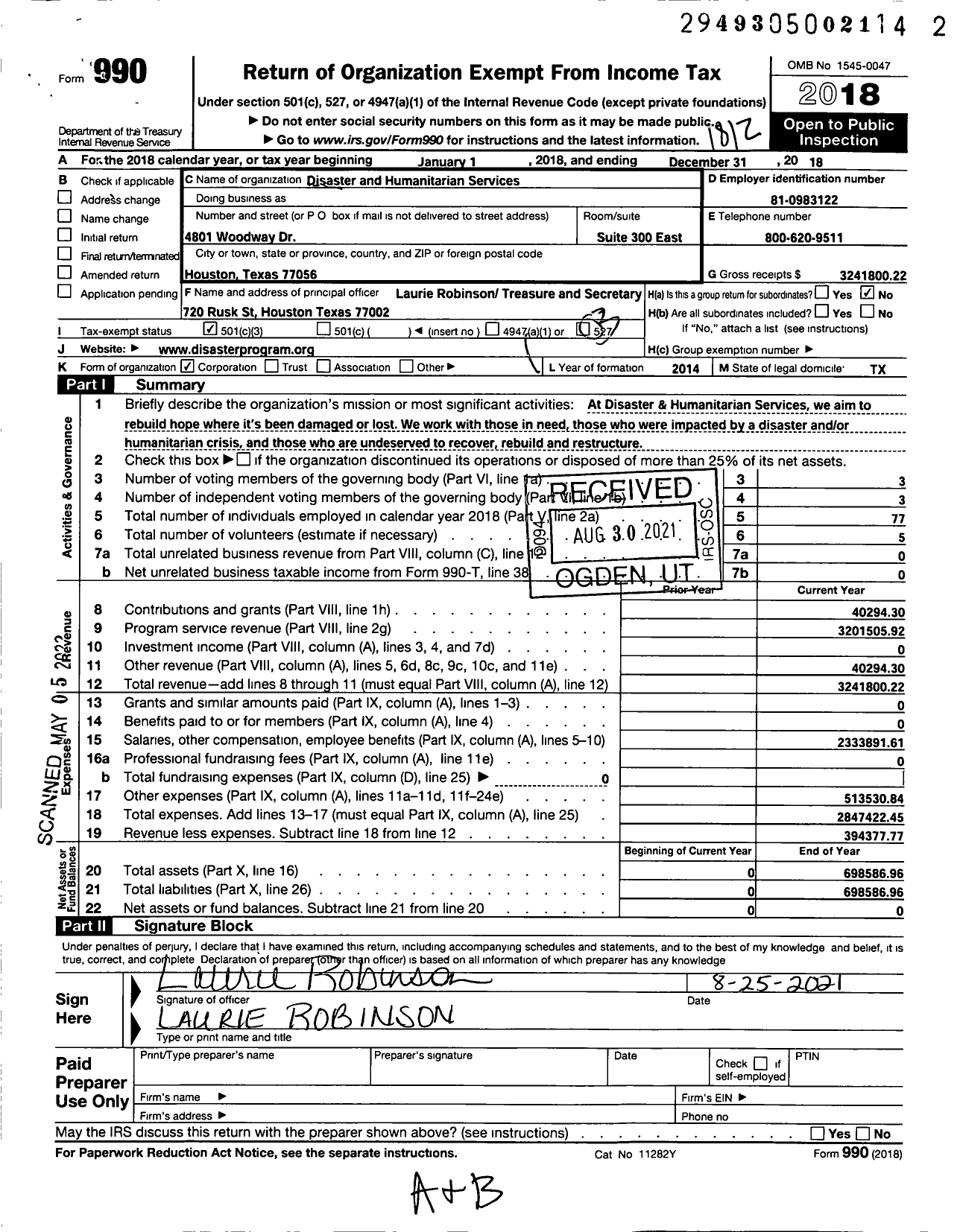 Image of first page of 2018 Form 990 for Disaster and Humanitarian Services