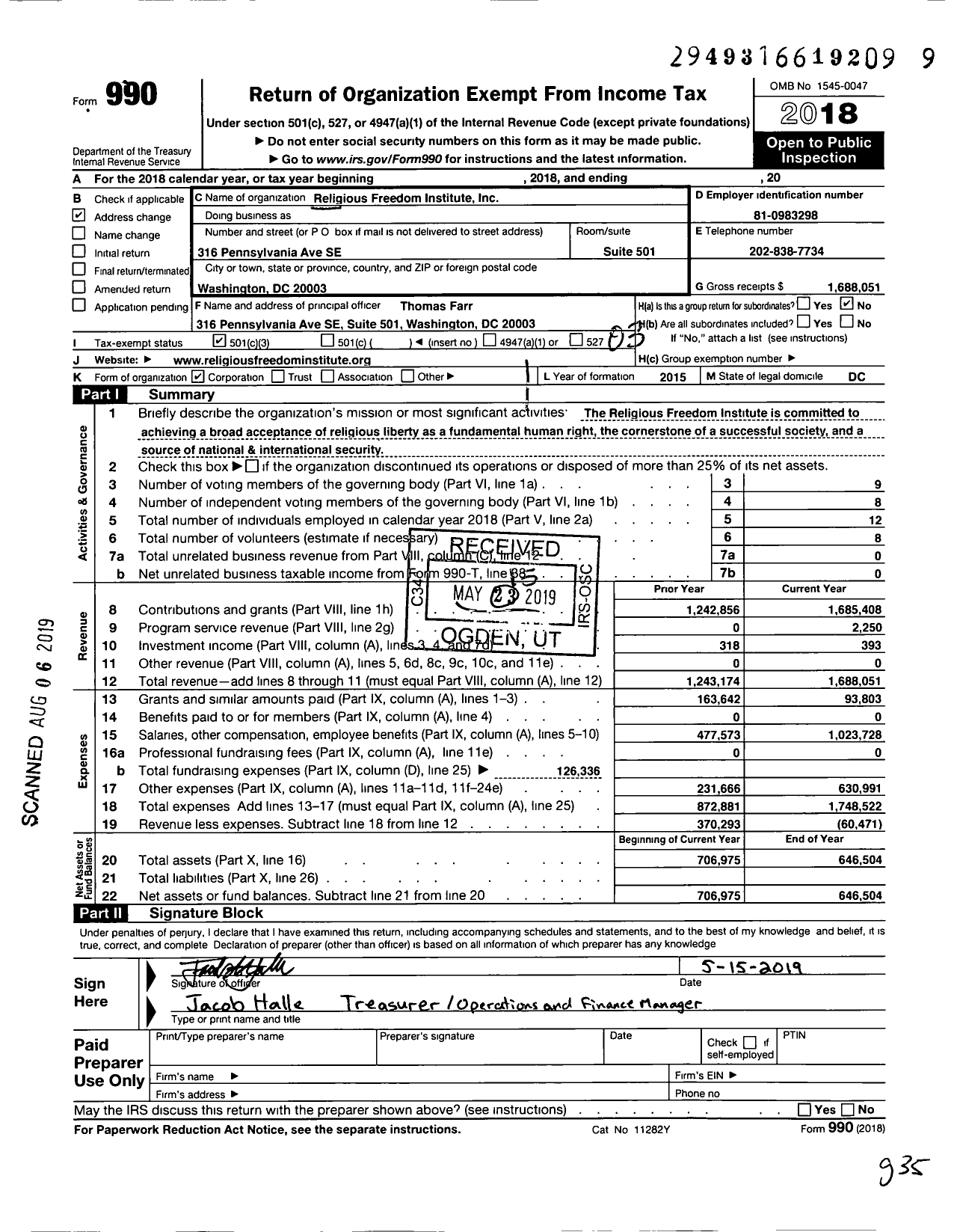 Image of first page of 2018 Form 990 for Religious Freedom Institute