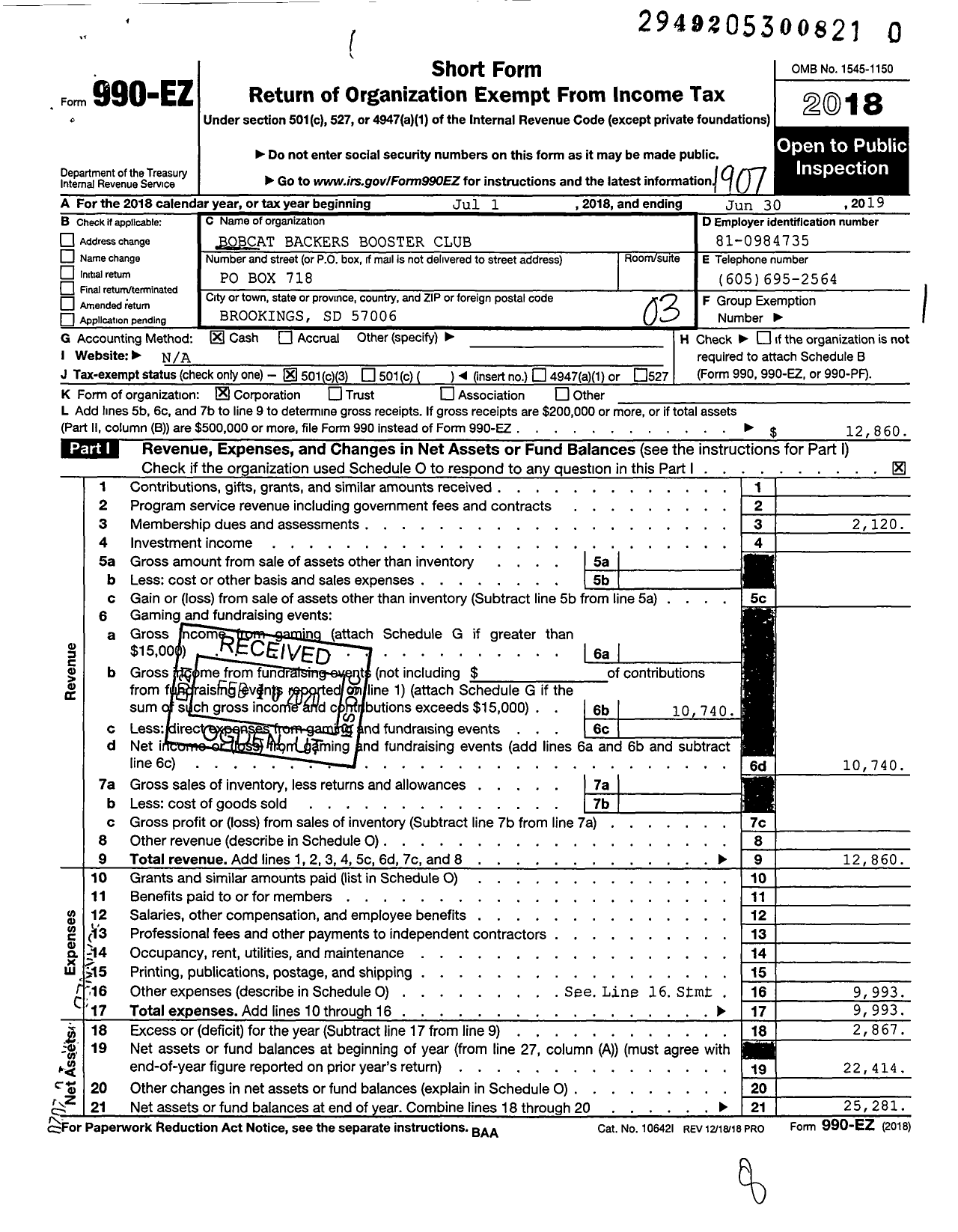 Image of first page of 2018 Form 990EZ for Bobcat Backers Booster Club