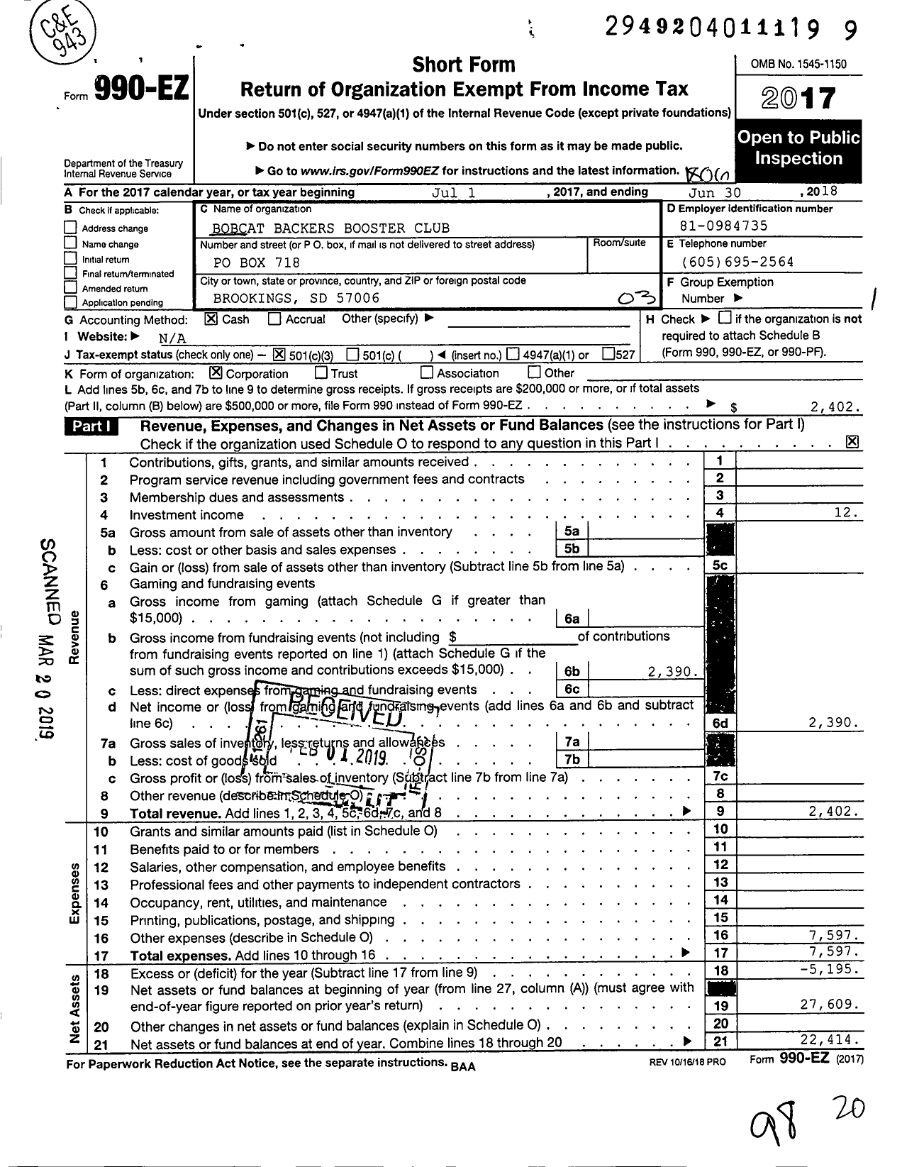 Image of first page of 2017 Form 990EZ for Bobcat Backers Booster Club