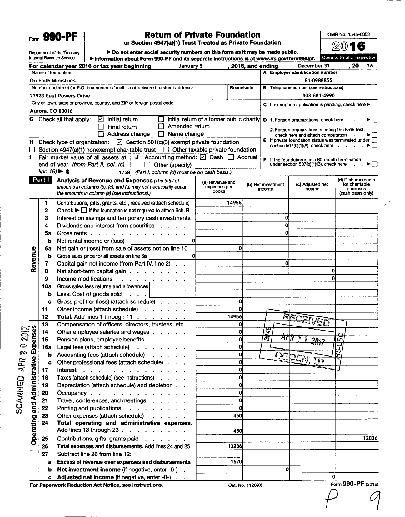 Image of first page of 2016 Form 990PF for On Faith Ministries