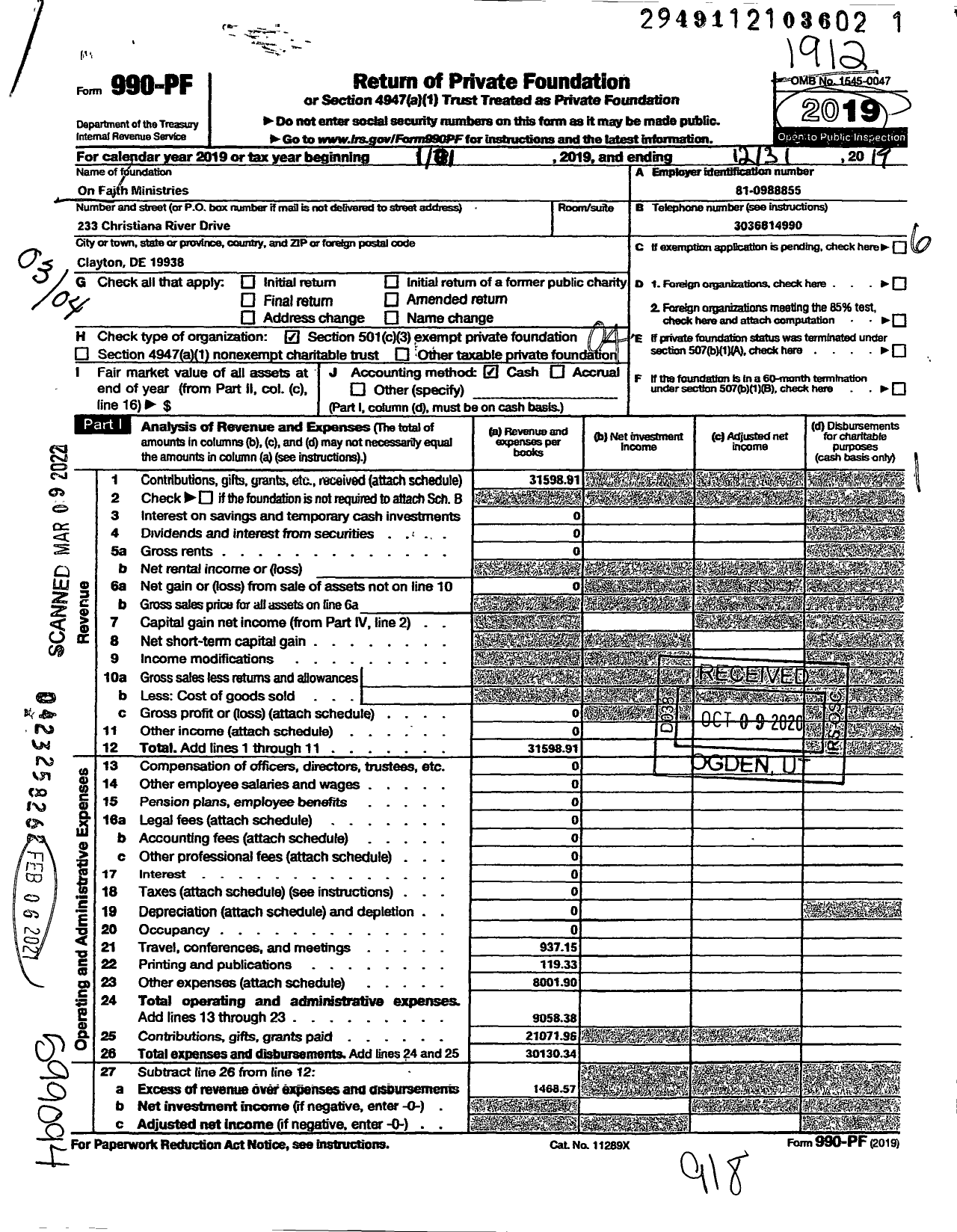 Image of first page of 2019 Form 990PF for On Faith Ministries