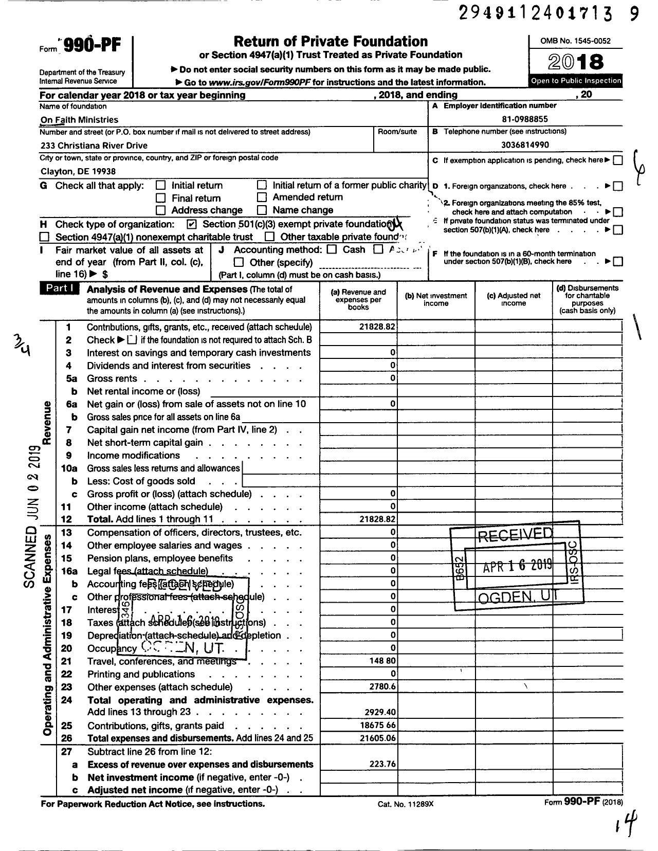 Image of first page of 2018 Form 990PF for On Faith Ministries