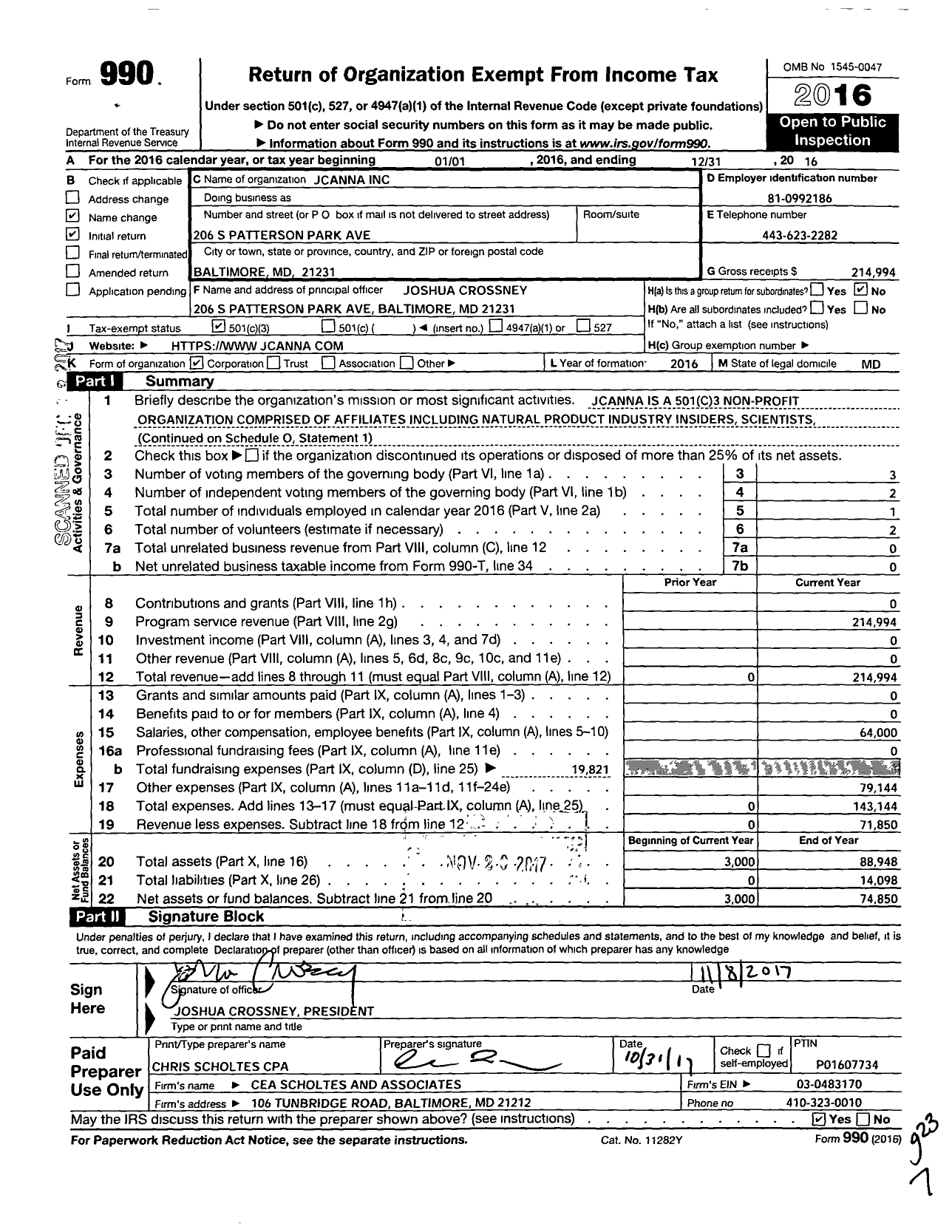 Image of first page of 2016 Form 990 for Canncon