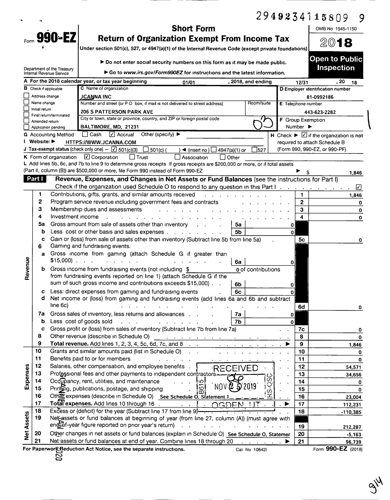 Image of first page of 2018 Form 990EZ for Canncon