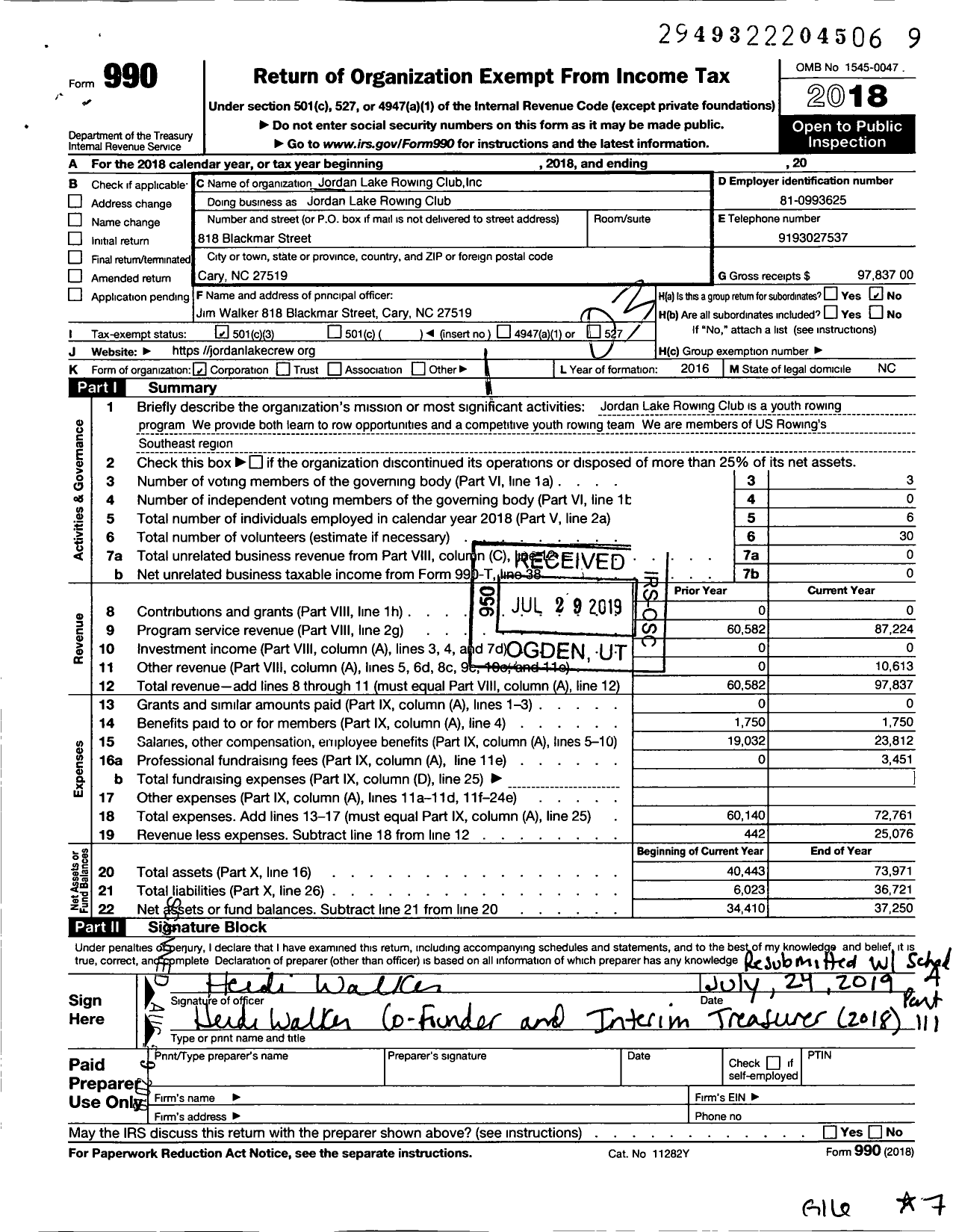 Image of first page of 2018 Form 990 for Jordan Lake Rowing Club