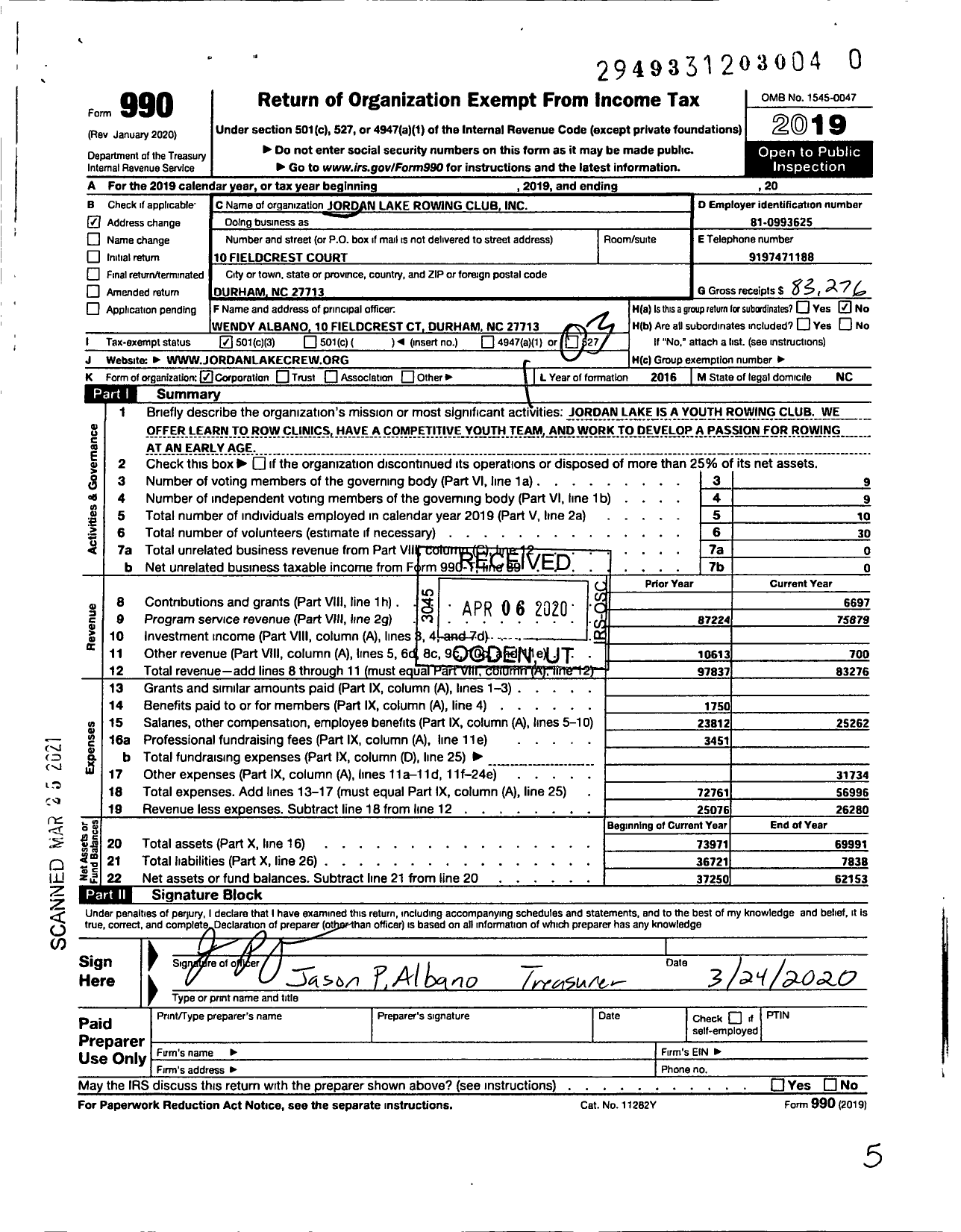 Image of first page of 2019 Form 990 for Jordan Lake Rowing Club