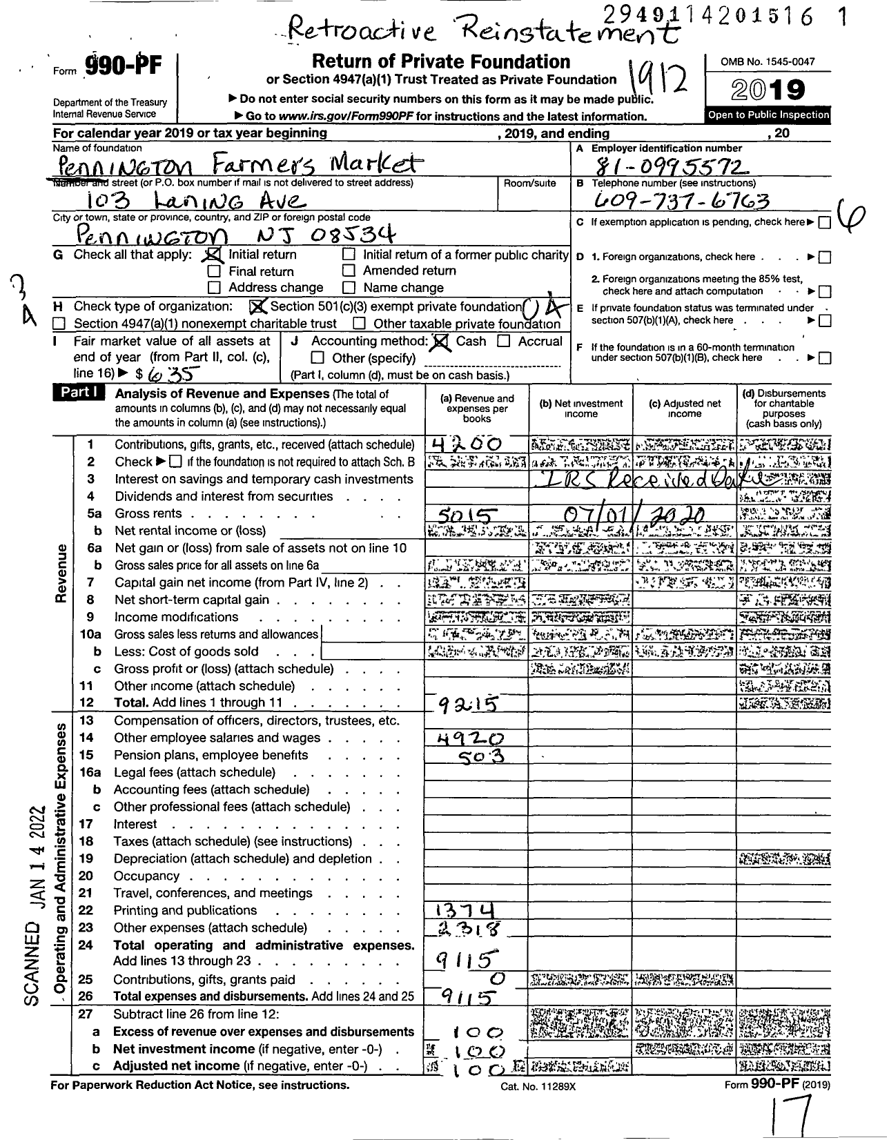 Image of first page of 2019 Form 990PF for Pennington Farmers Market