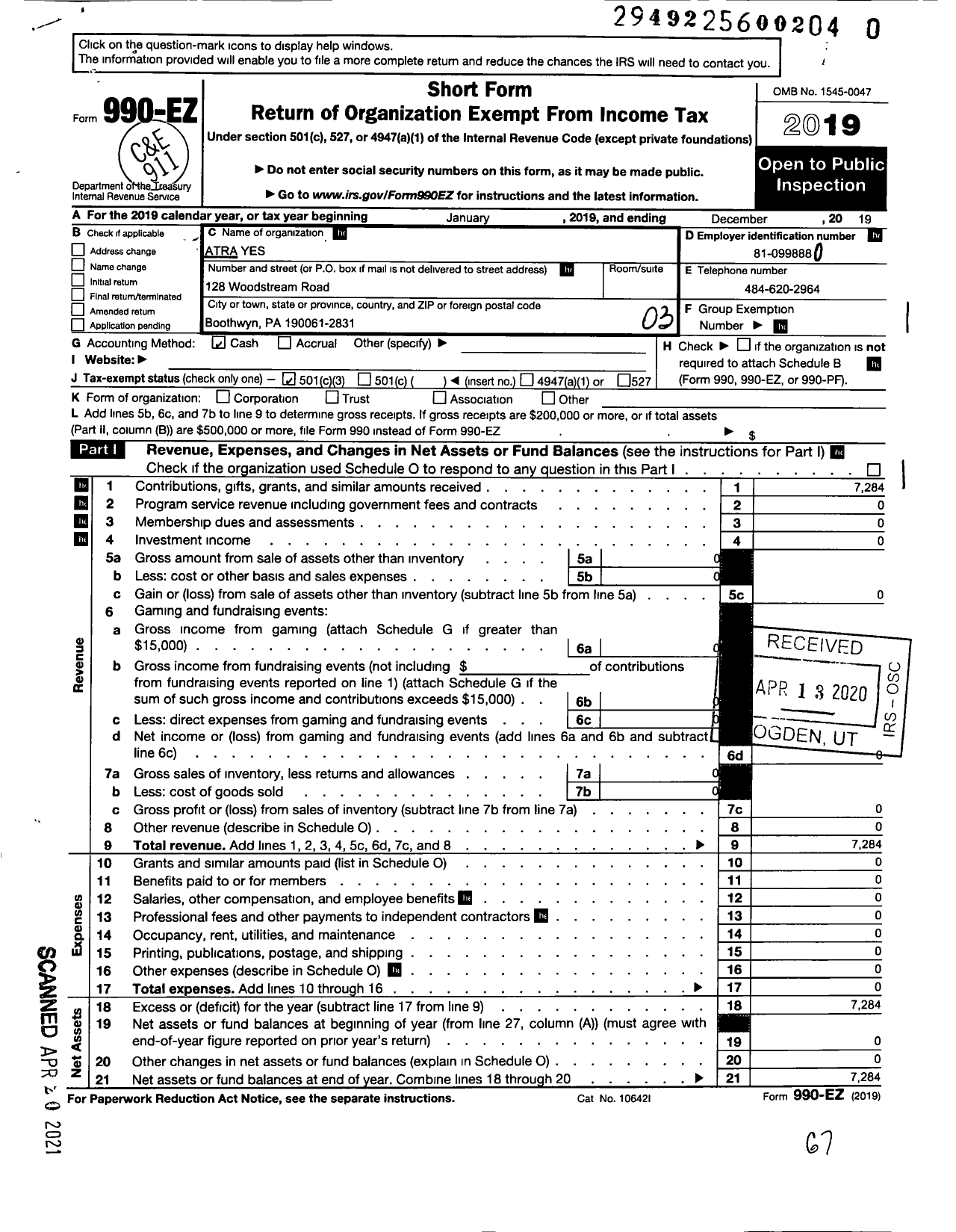 Image of first page of 2019 Form 990EZ for Atra Yes