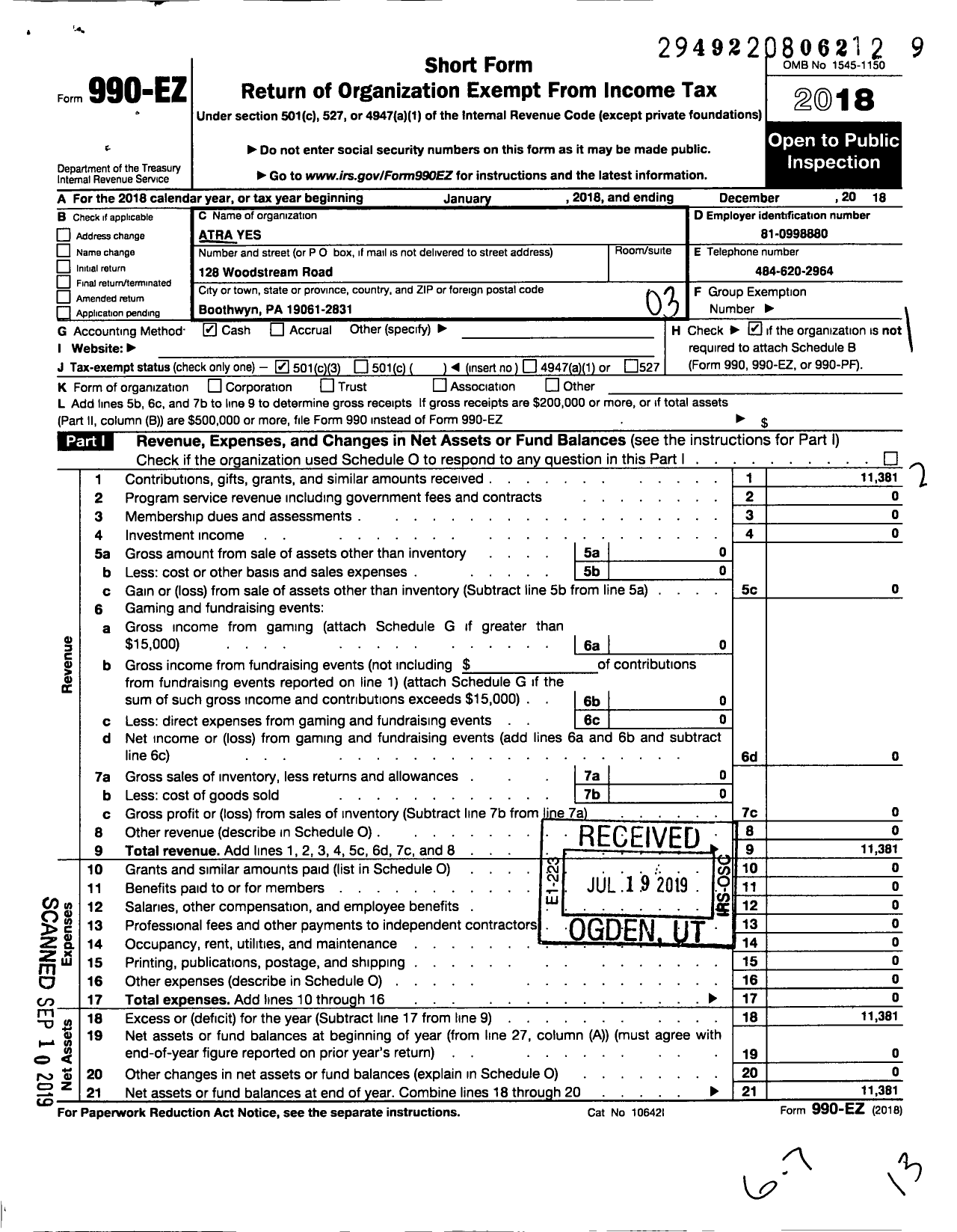 Image of first page of 2018 Form 990EZ for Atra Yes