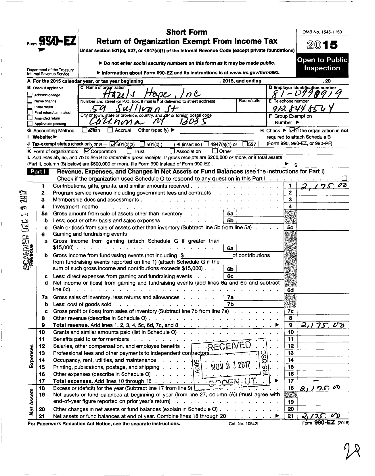 Image of first page of 2015 Form 990EZ for Hazels Hope