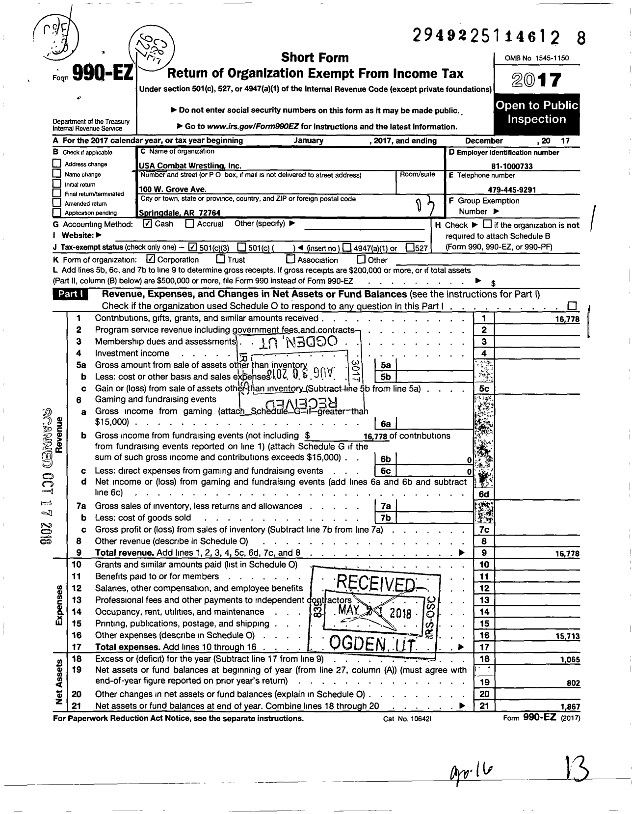 Image of first page of 2017 Form 990EZ for USA Combat Wrestling