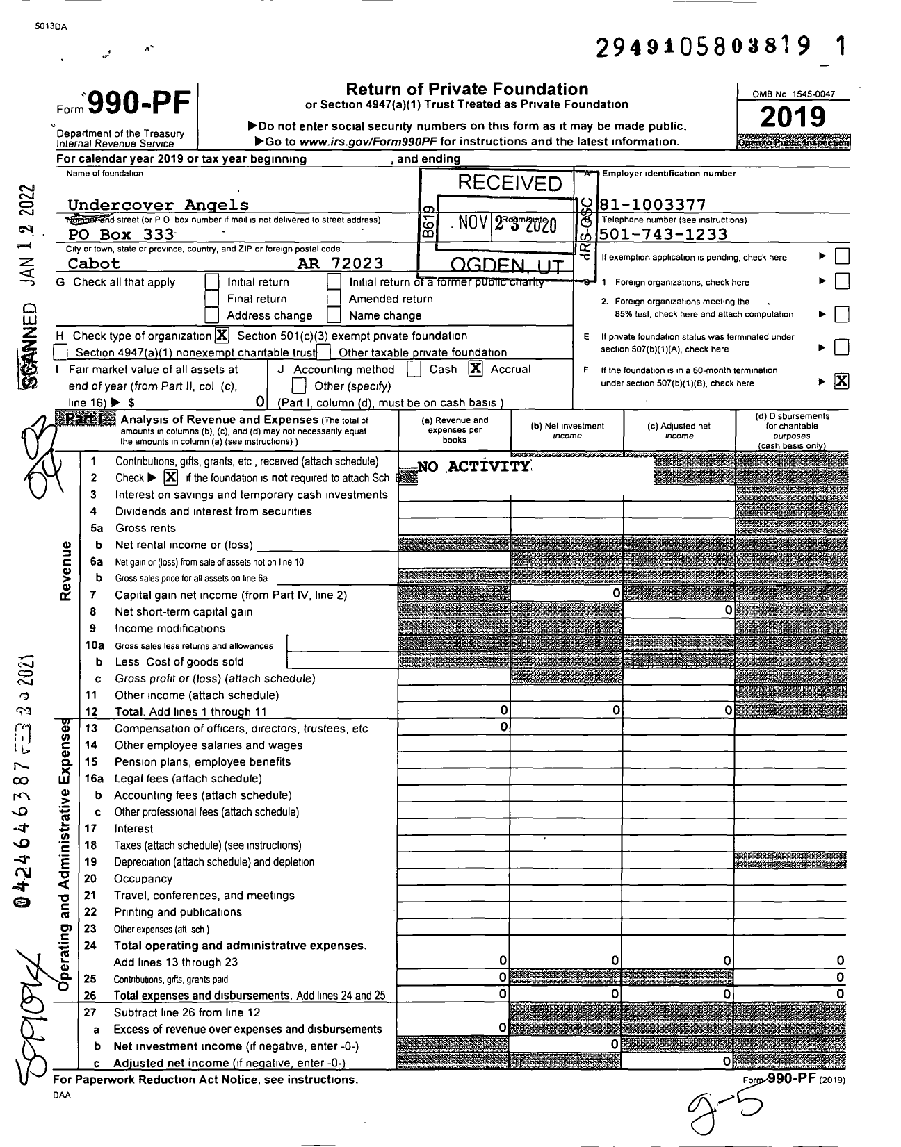 Image of first page of 2019 Form 990PF for Undercover Angels