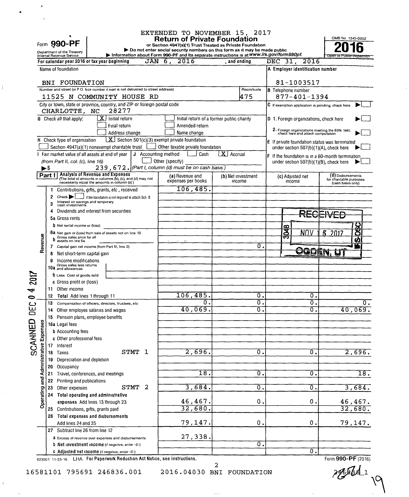 Image of first page of 2016 Form 990PF for BNI Foundation