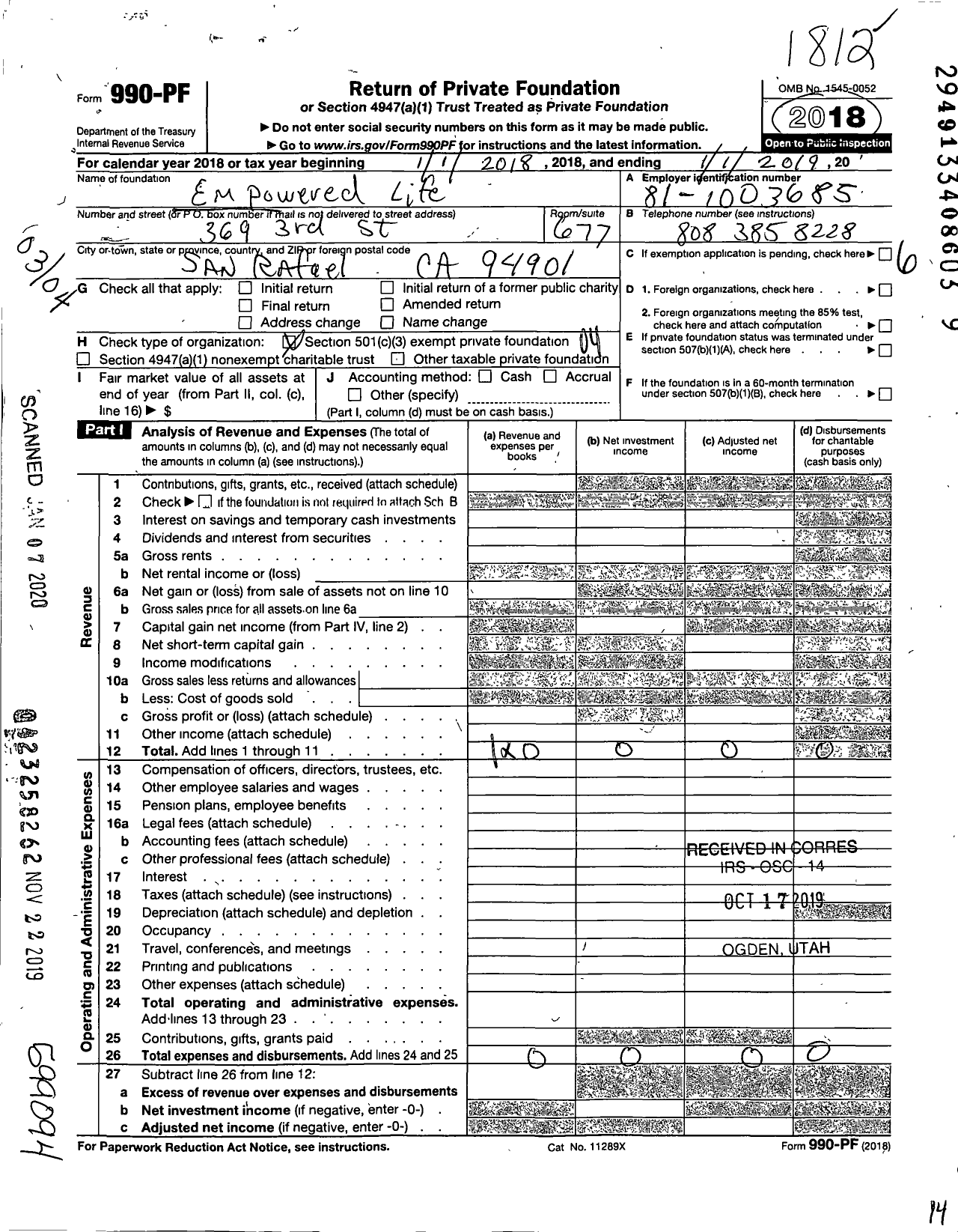Image of first page of 2018 Form 990PF for Empowered Life