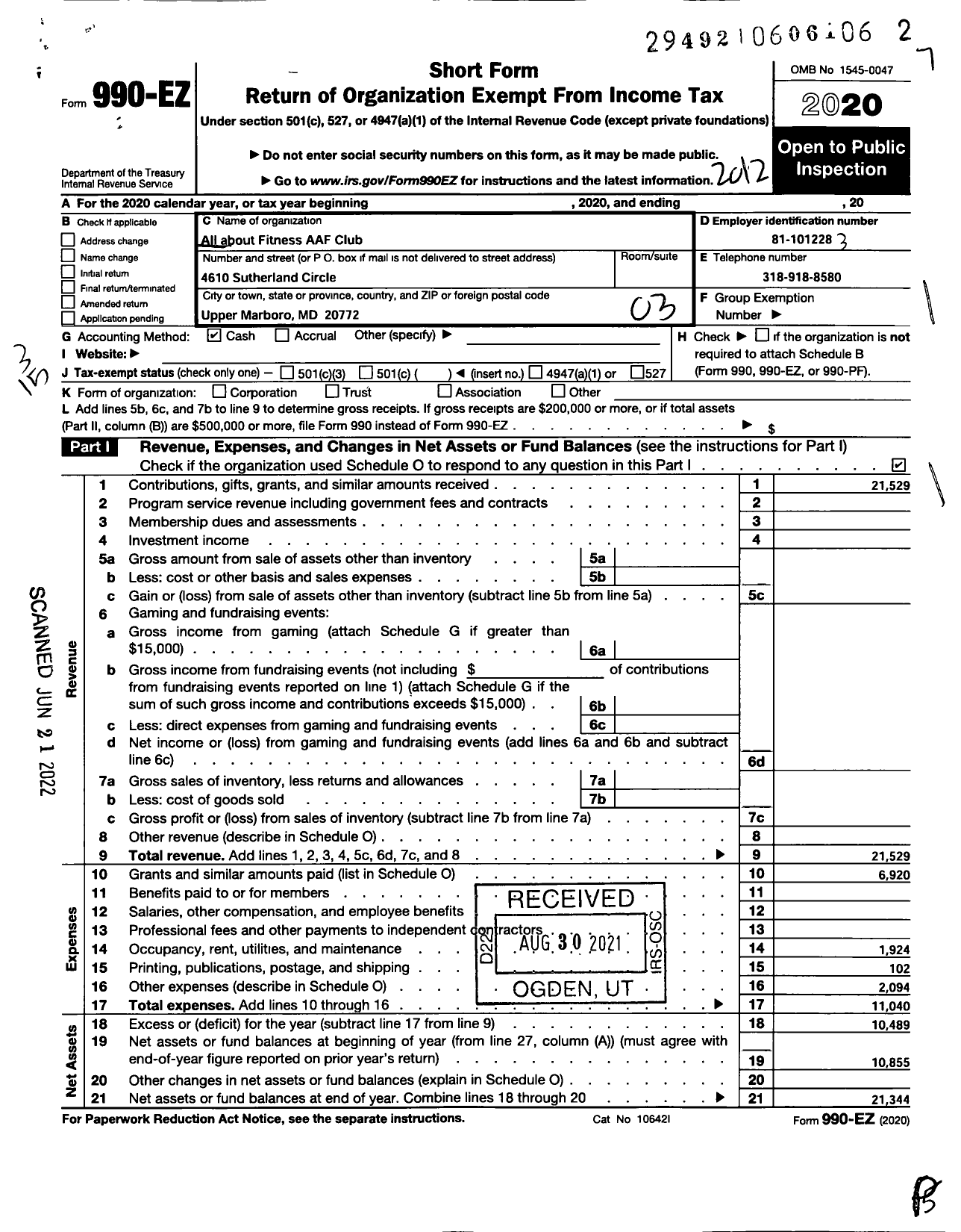 Image of first page of 2020 Form 990EZ for All About Fitness AAF Club