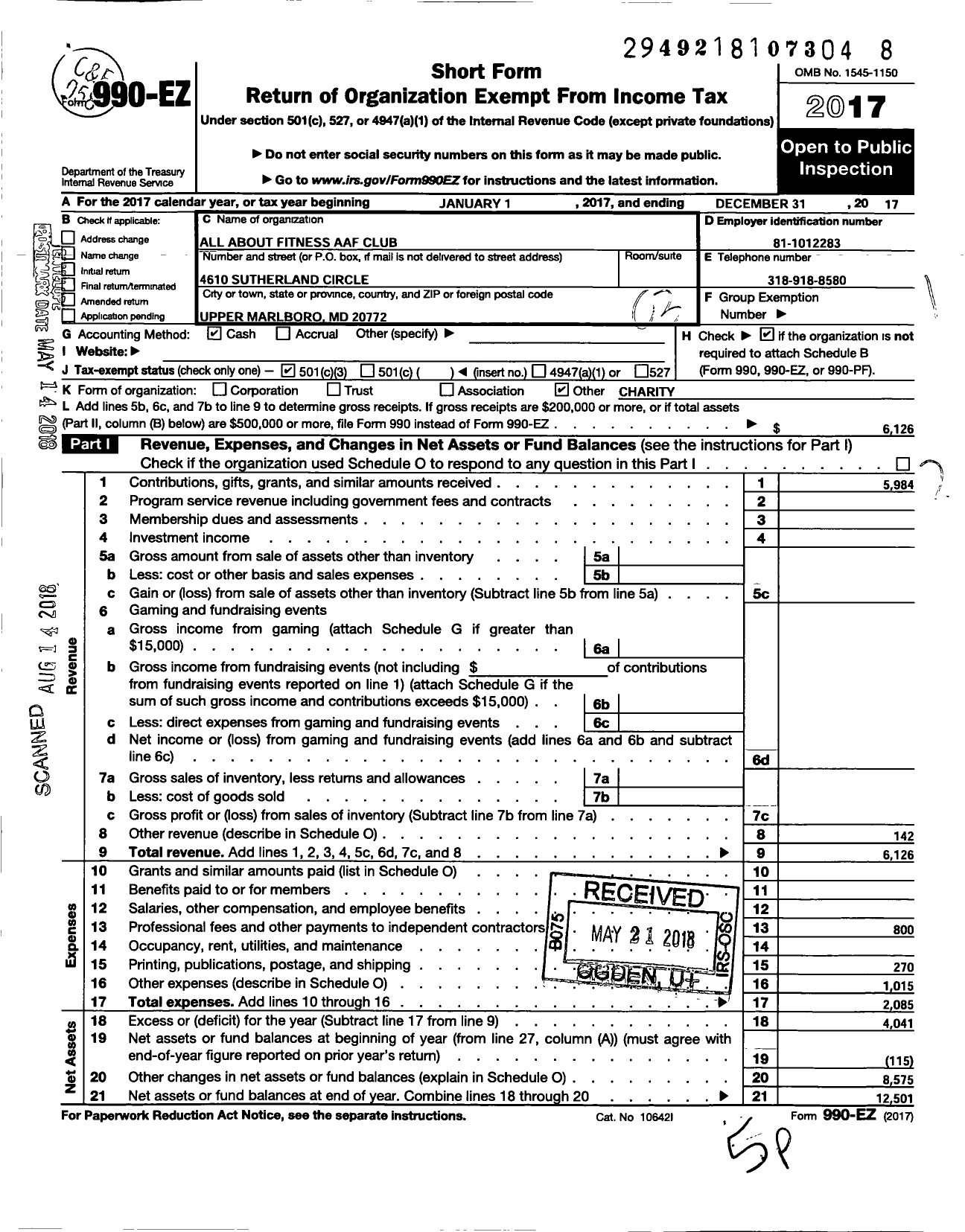 Image of first page of 2017 Form 990EZ for All About Fitness AAF Club