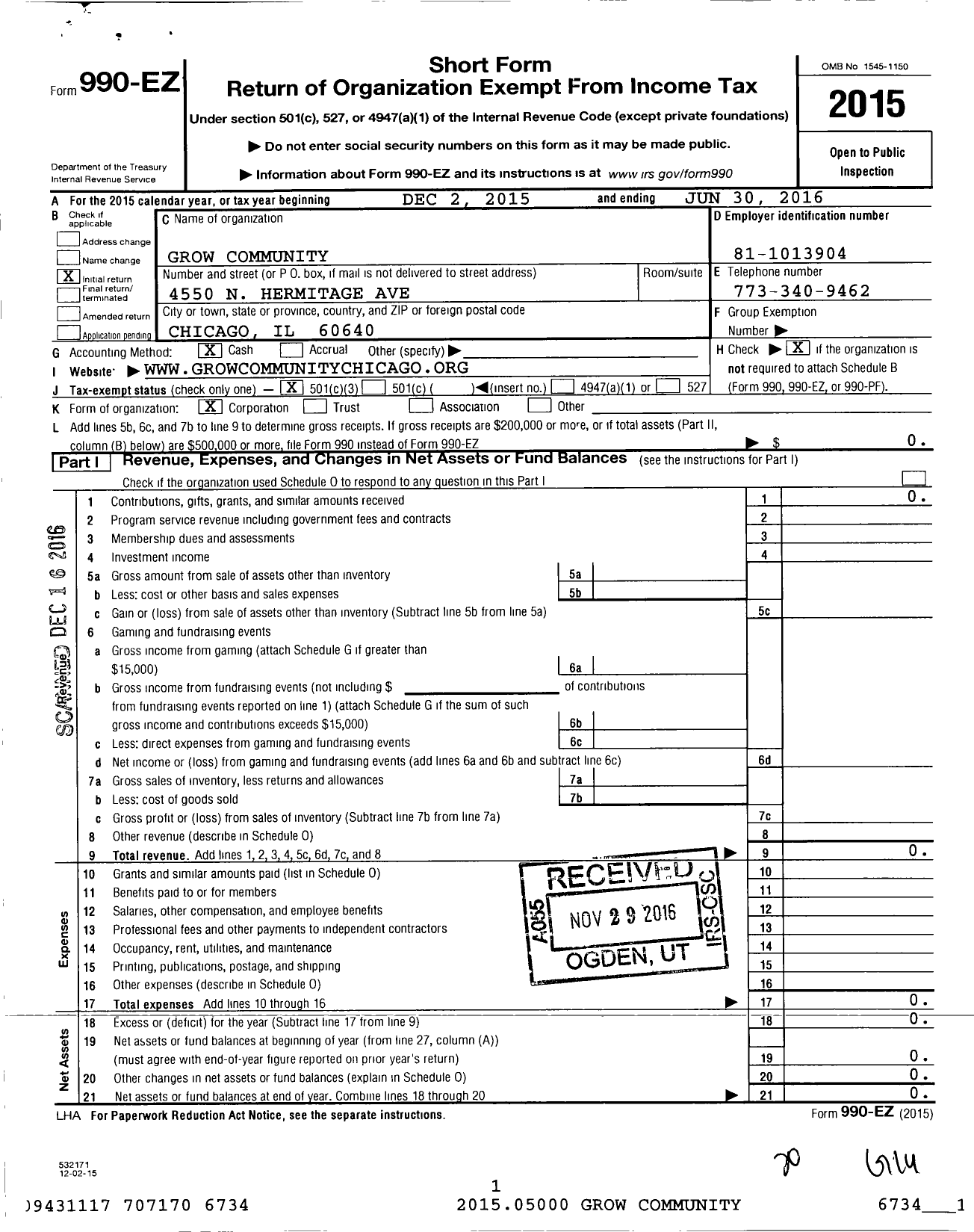 Image of first page of 2015 Form 990EZ for GROWCommunity