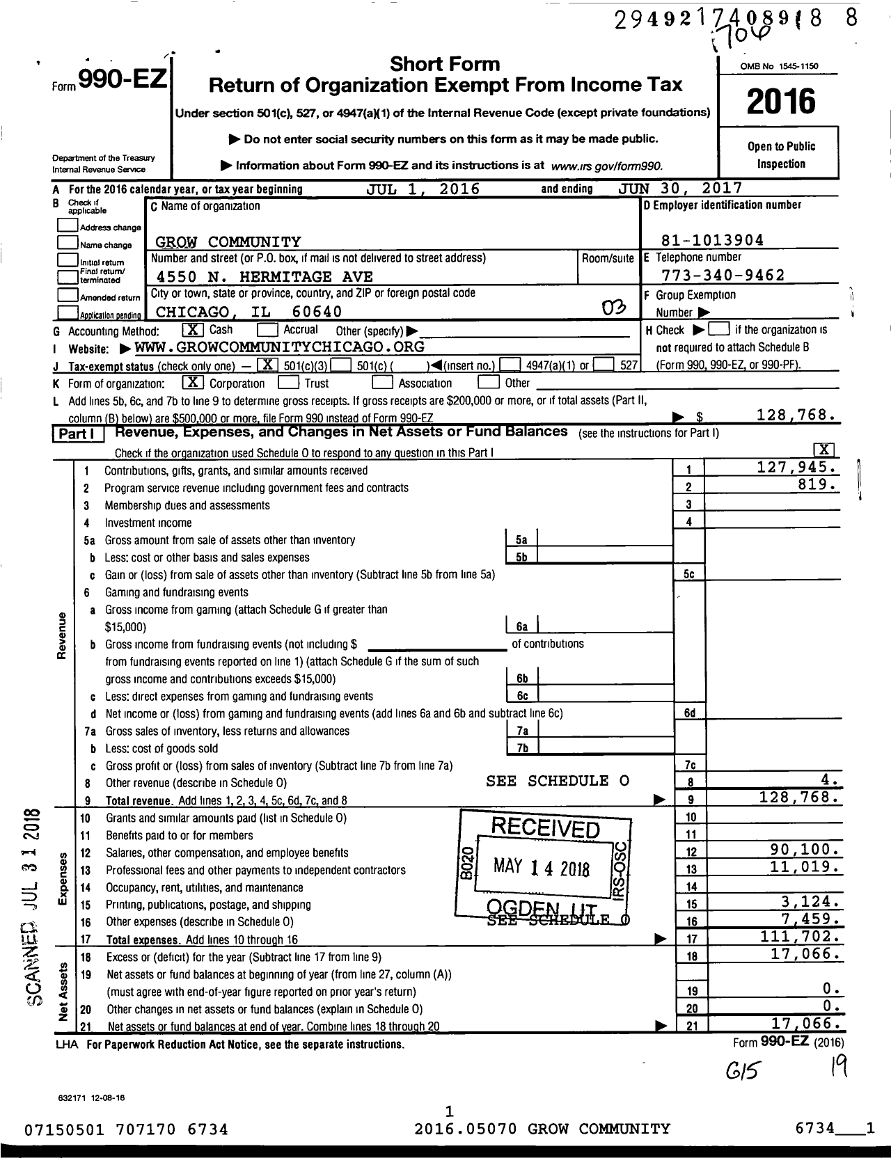 Image of first page of 2016 Form 990EZ for GROWCommunity