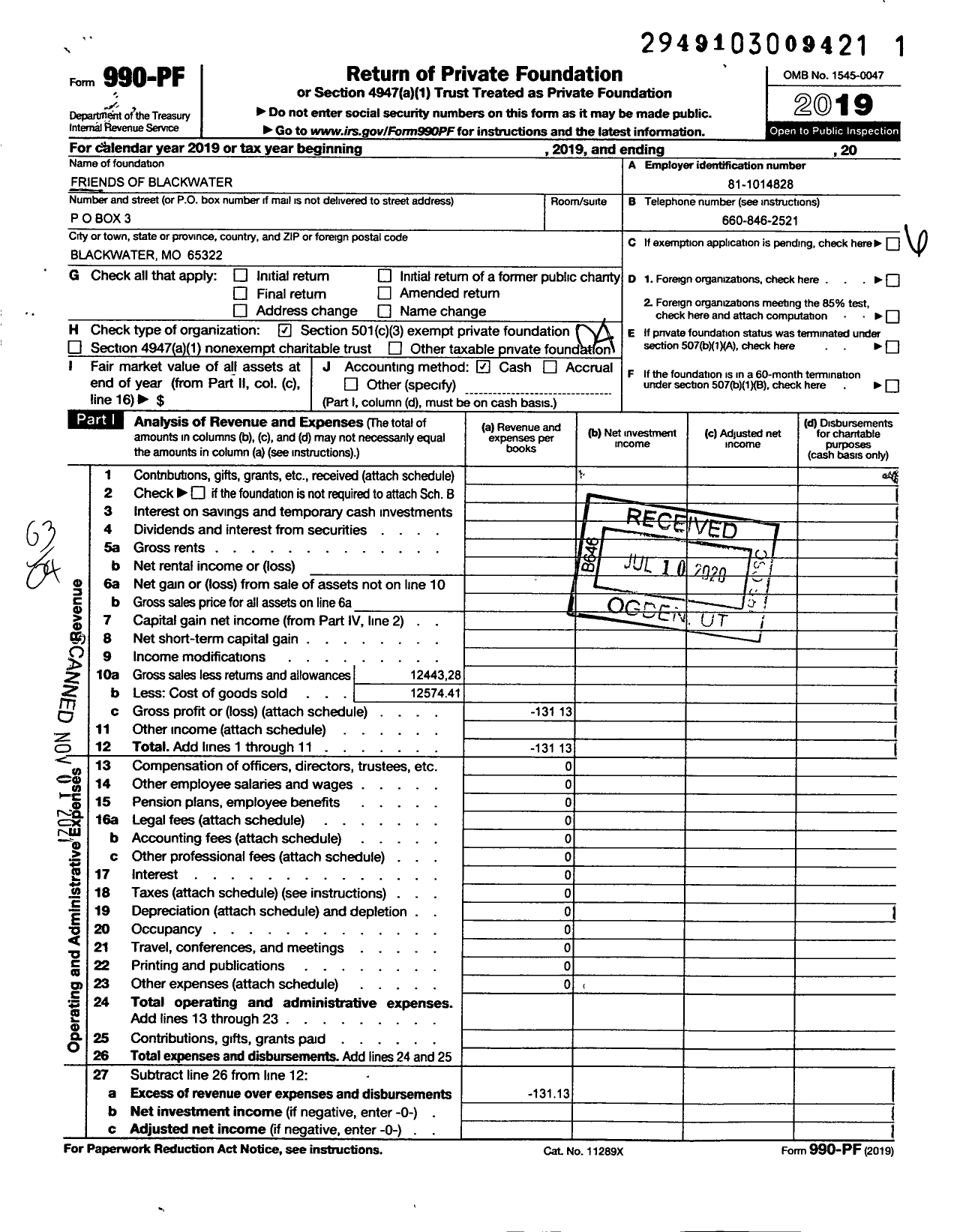 Image of first page of 2019 Form 990PF for Friends of Blackwater