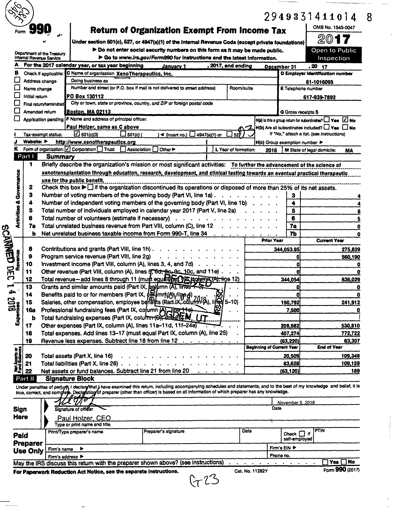 Image of first page of 2017 Form 990 for XenoTherapeautics