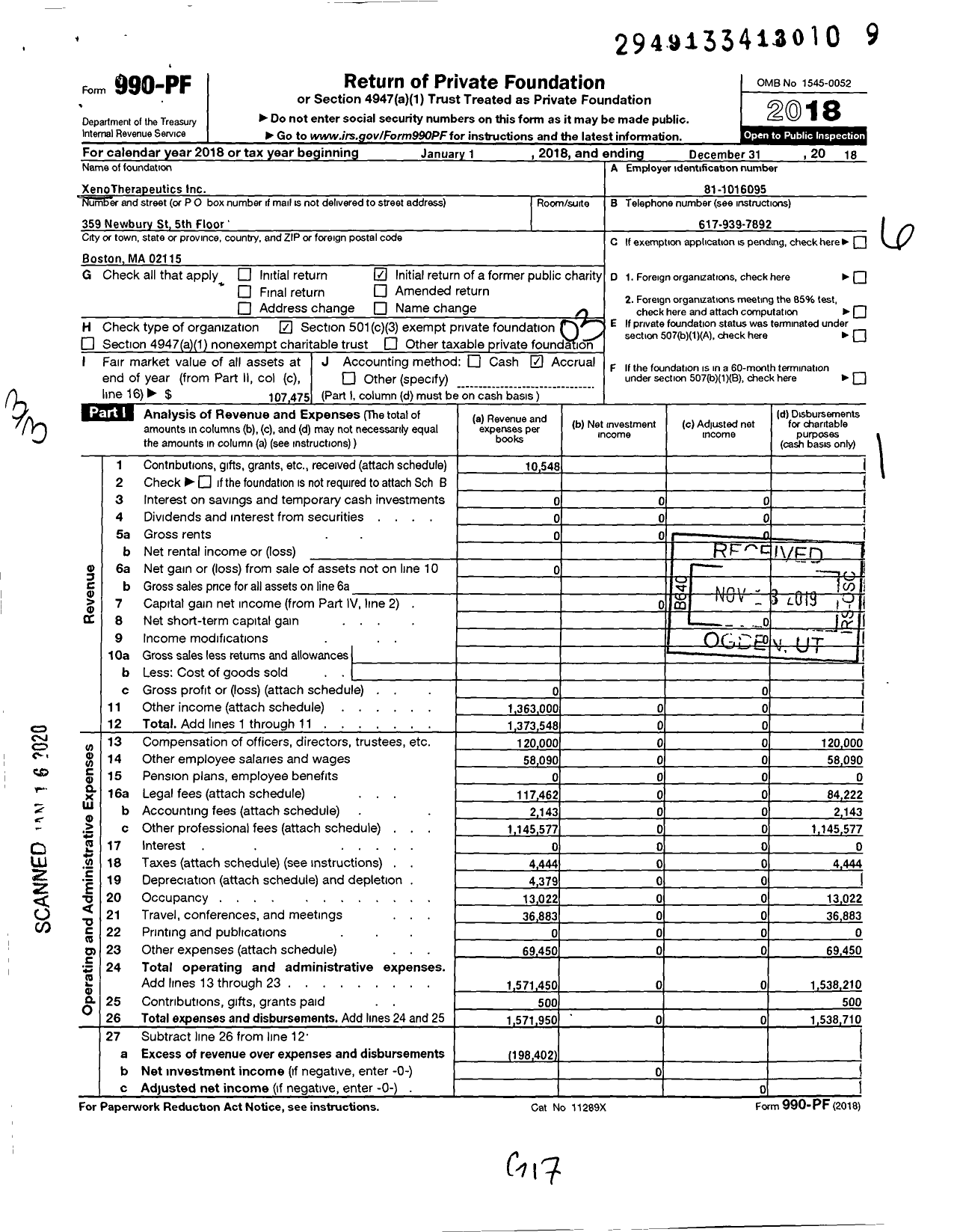 Image of first page of 2018 Form 990PF for XenoTherapeautics