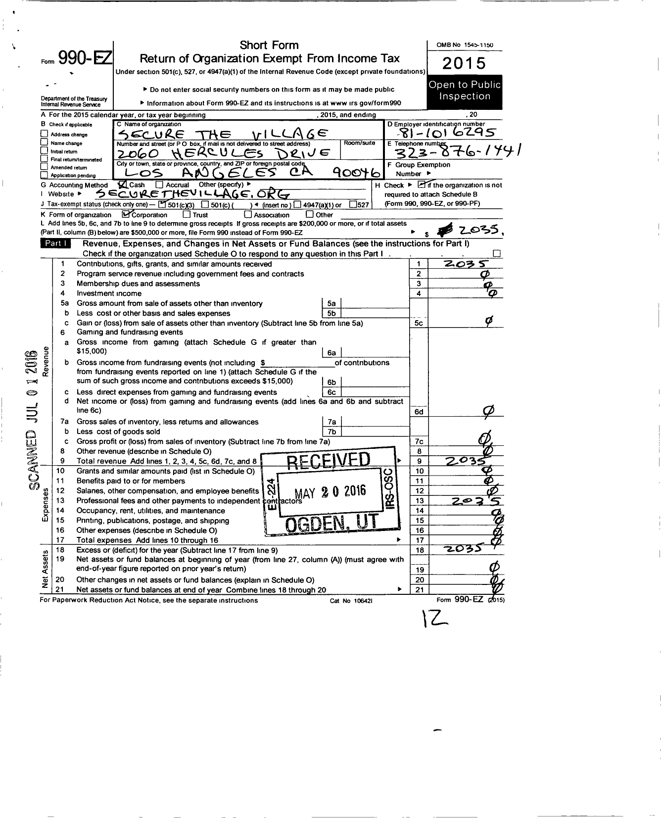 Image of first page of 2015 Form 990EZ for Secure the Village