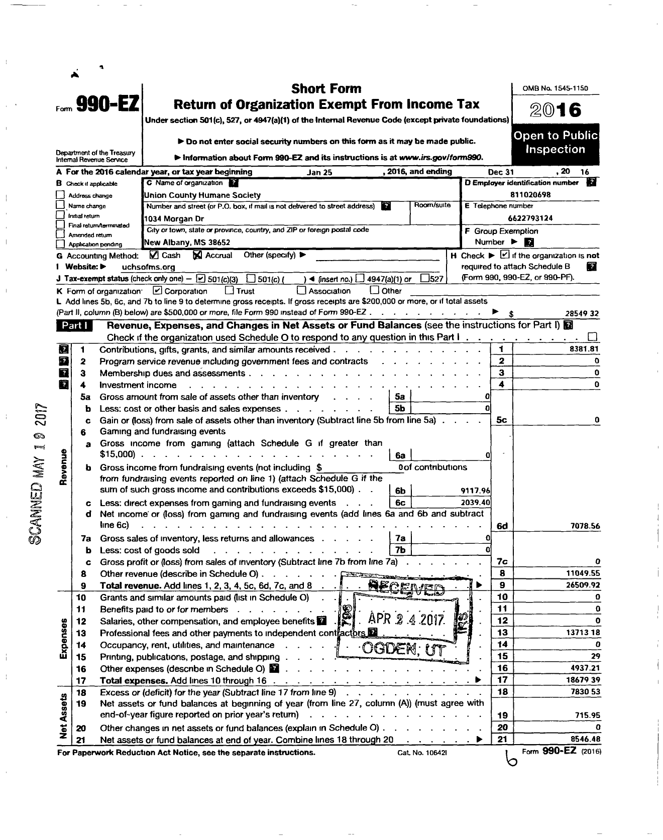 Image of first page of 2016 Form 990EZ for Union County Humane Society