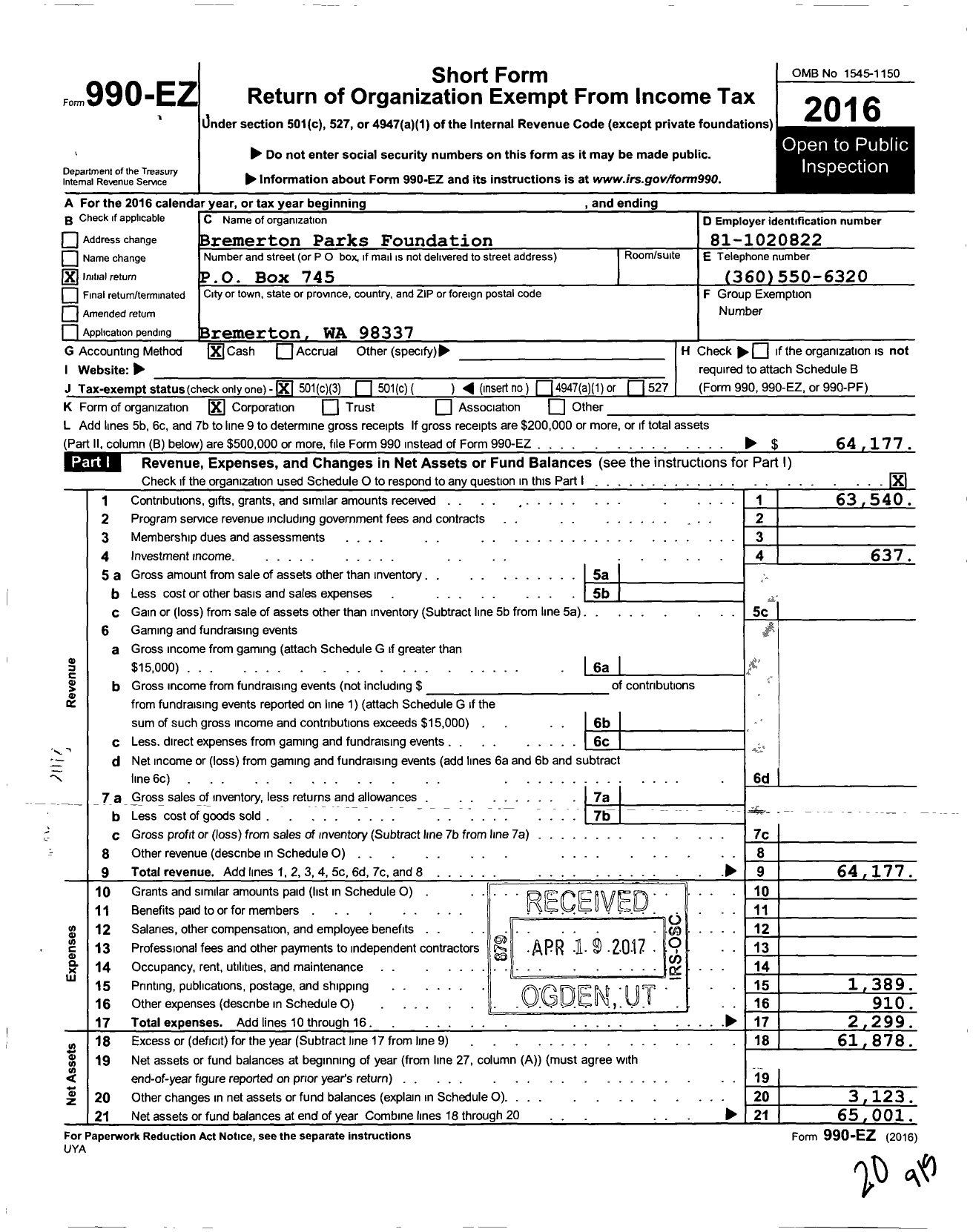 Image of first page of 2016 Form 990EZ for Bremerton Parks Foundation