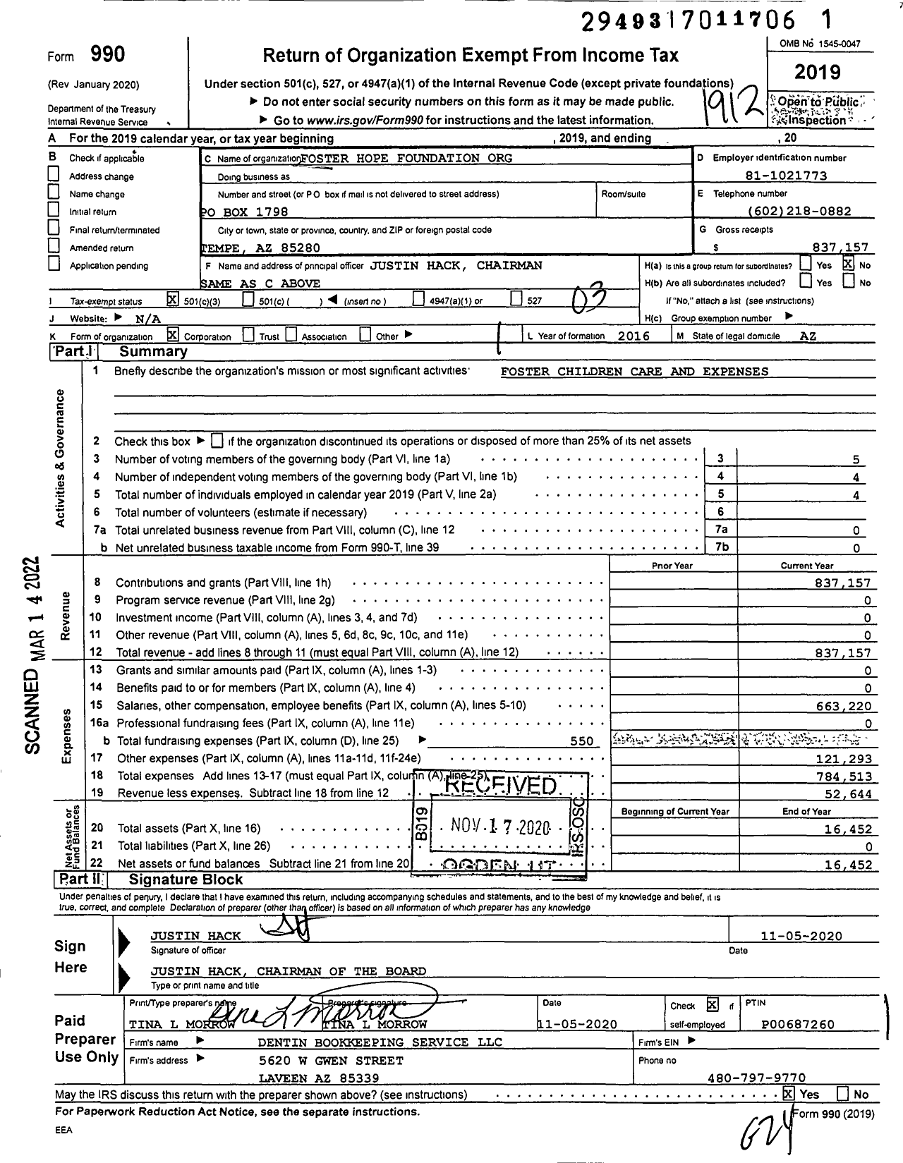 Image of first page of 2019 Form 990 for Foster Hope Foundation Org