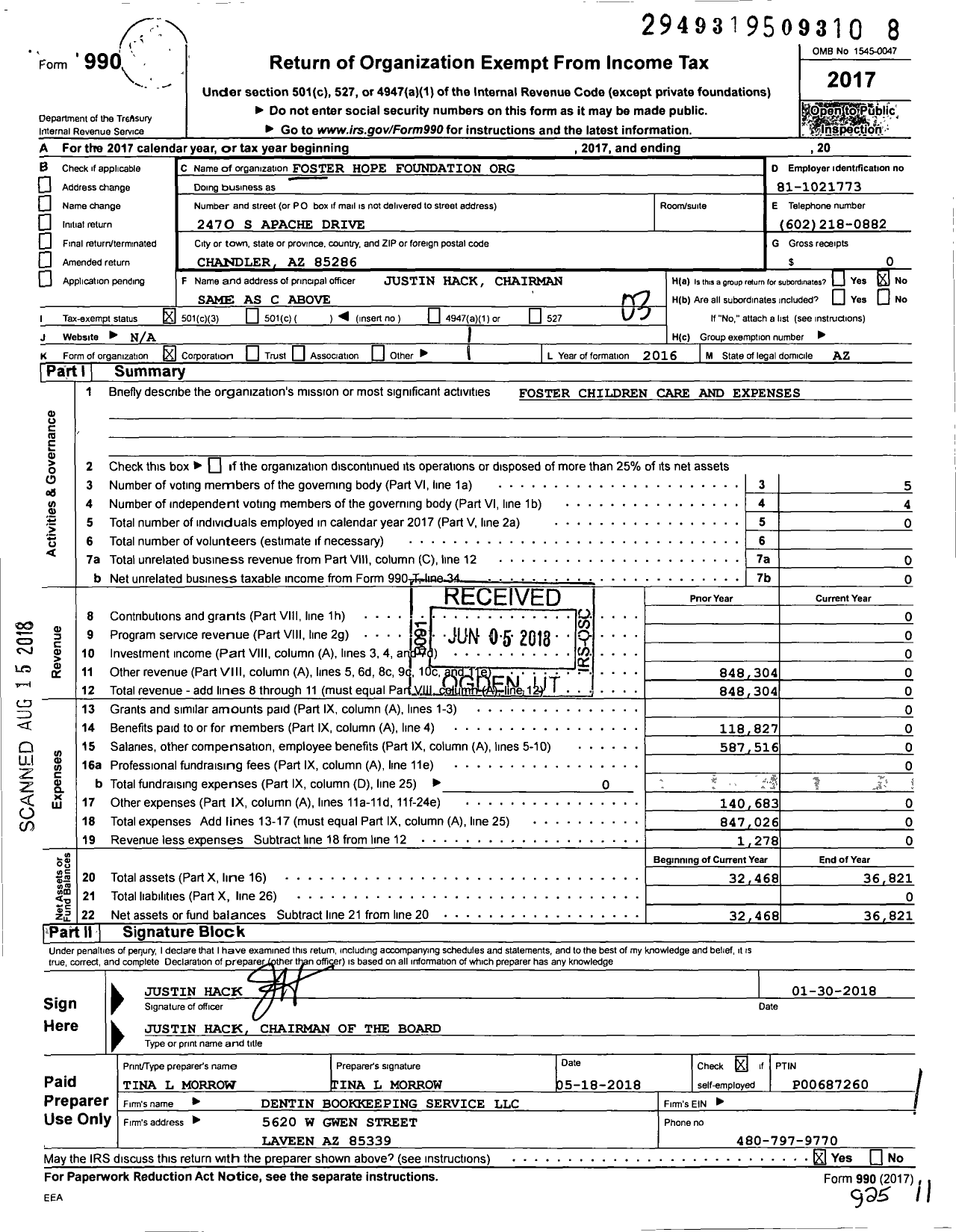 Image of first page of 2017 Form 990 for Foster Hope Foundation Org