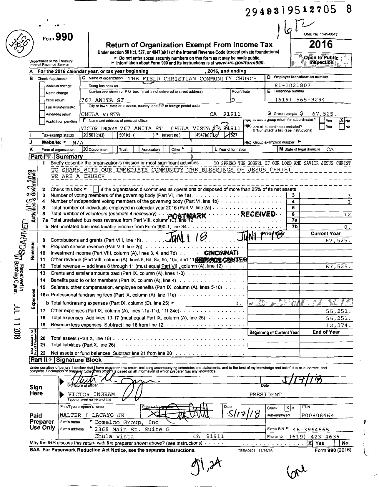 Image of first page of 2016 Form 990 for The Field Christian Community Church