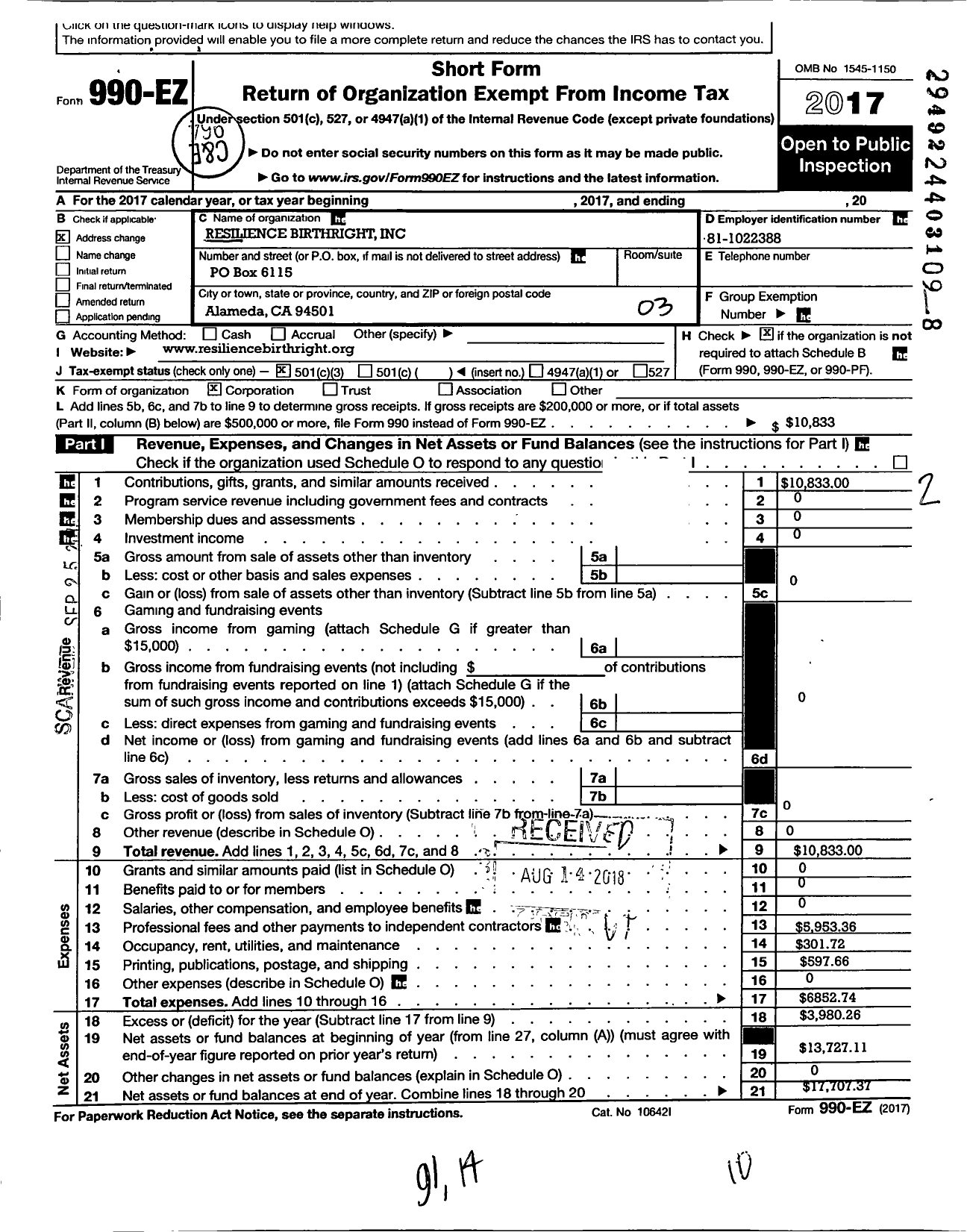 Image of first page of 2017 Form 990EZ for Resilience Birthright