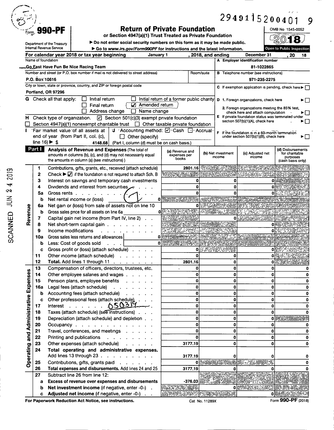 Image of first page of 2018 Form 990PF for Go Fast Have Fun Be Nice Racing Team