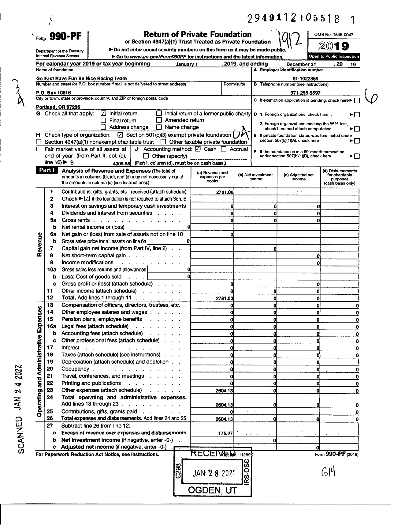 Image of first page of 2019 Form 990PF for Go Fast Have Fun Be Nice Racing Team