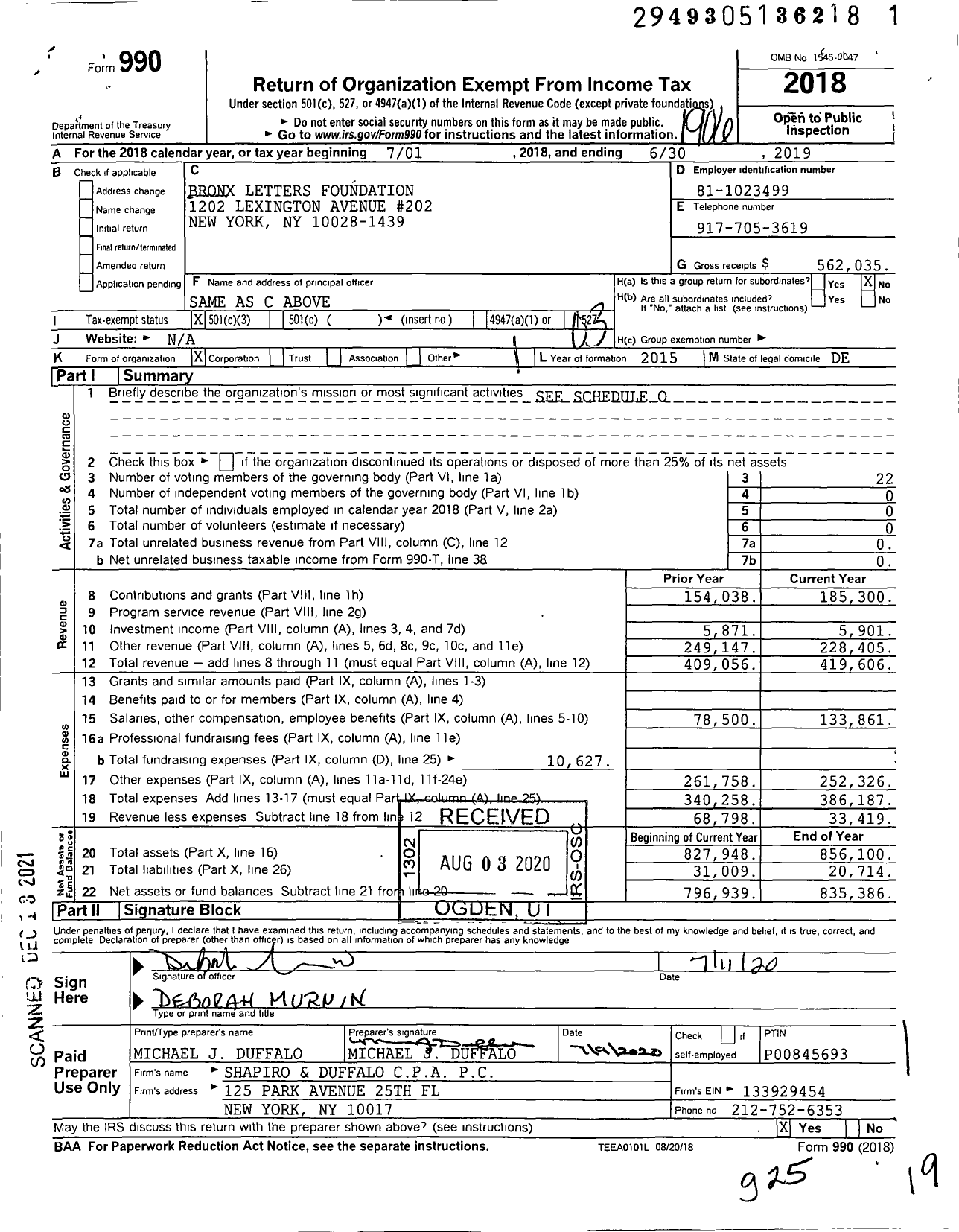 Image of first page of 2018 Form 990 for Bronx Letters Foundation