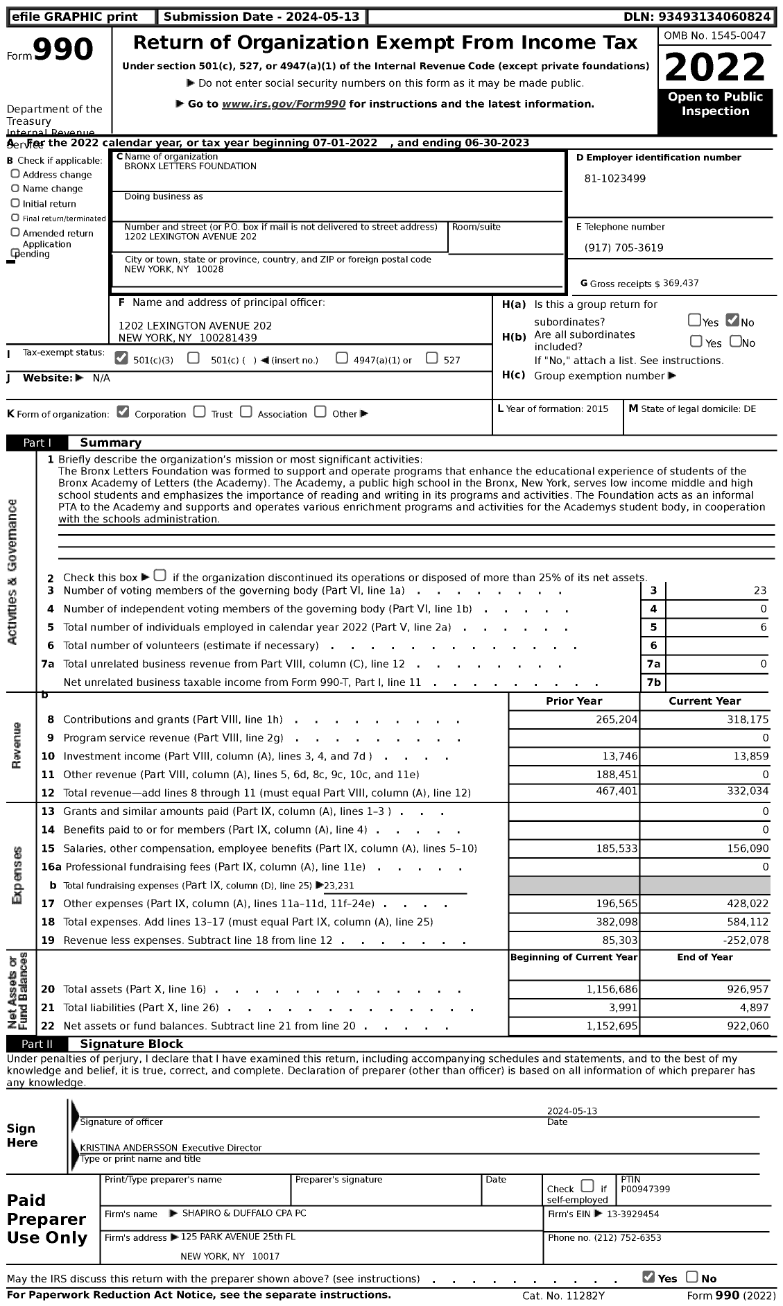 Image of first page of 2022 Form 990 for Bronx Letters Foundation