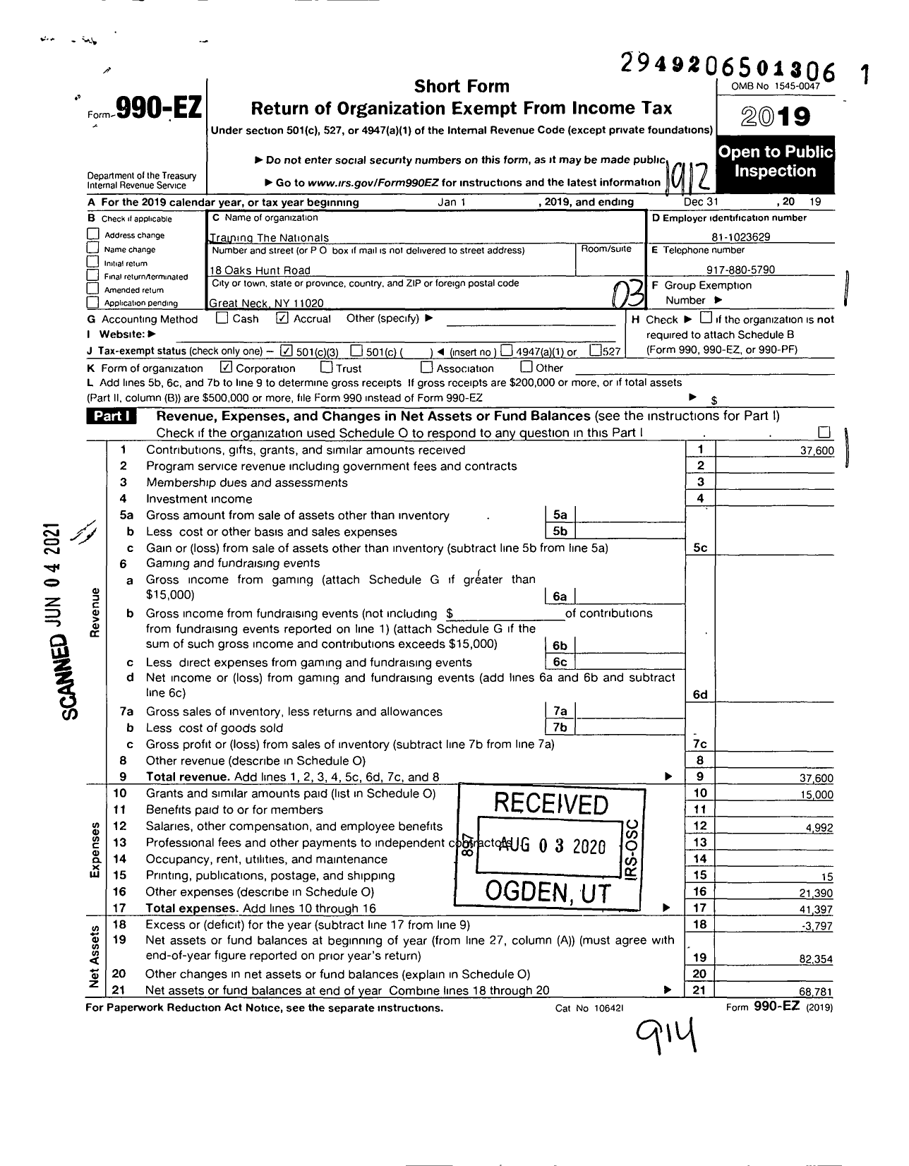 Image of first page of 2019 Form 990EZ for Training the Nationals