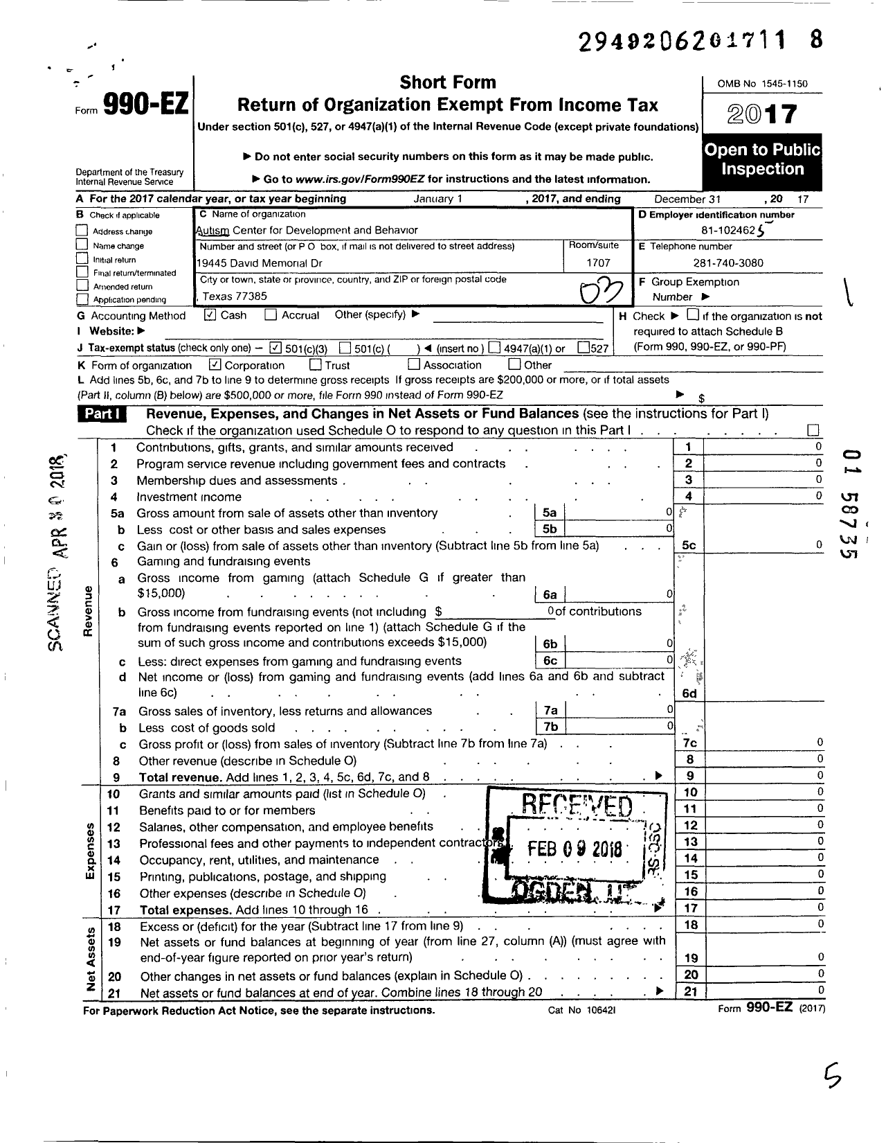 Image of first page of 2017 Form 990EZ for Autism Center for Development and Behavior
