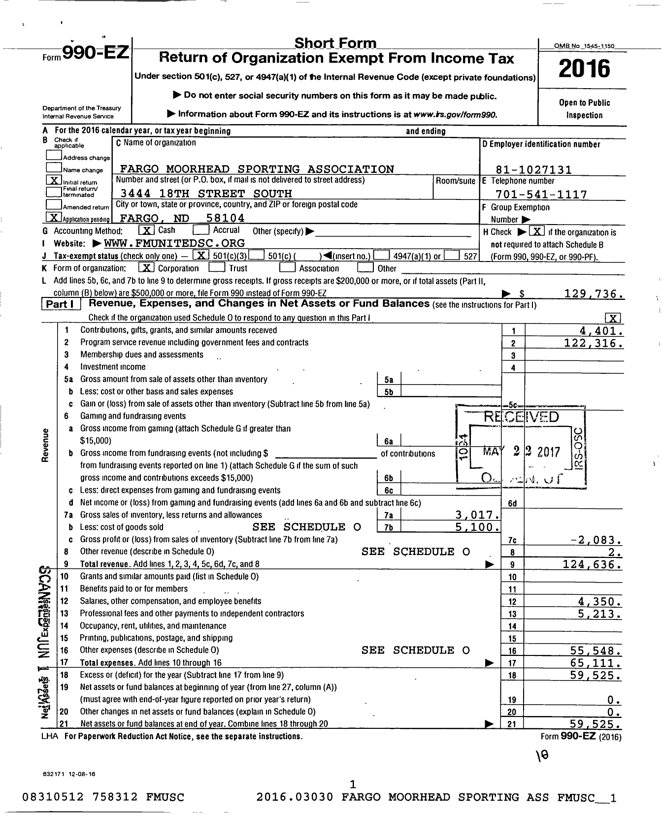 Image of first page of 2016 Form 990EZ for Fargo Moorhead Sporting Association