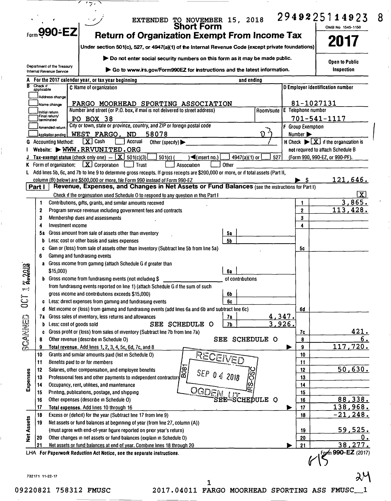 Image of first page of 2017 Form 990EZ for Fargo Moorhead Sporting Association
